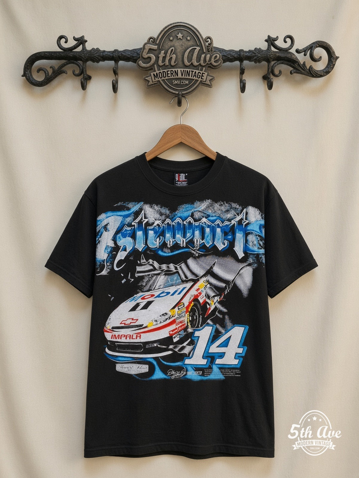 NASCAR Tony Stewart 14 Mobil 1 all over print vintage nascar t-shirt front on cream 5th Ave rack