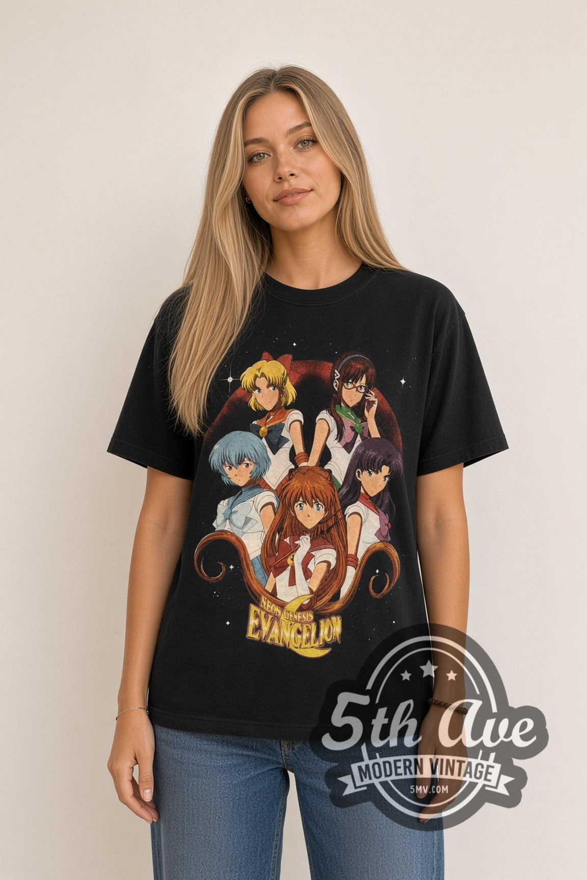 Woman wearing black Neon Genesis Evangelion Sailor Girls & Asuka Panels vintage anime tee