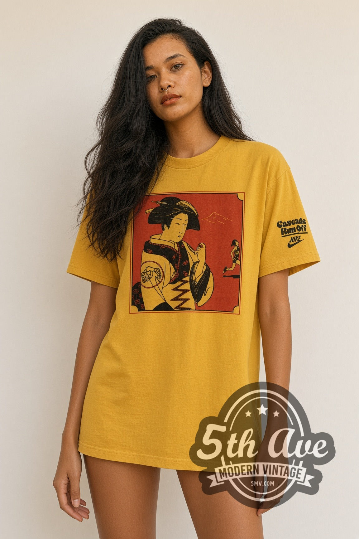Model wearing Nike Cascade Run Off Geisha Panel Gold vintage graphic tee