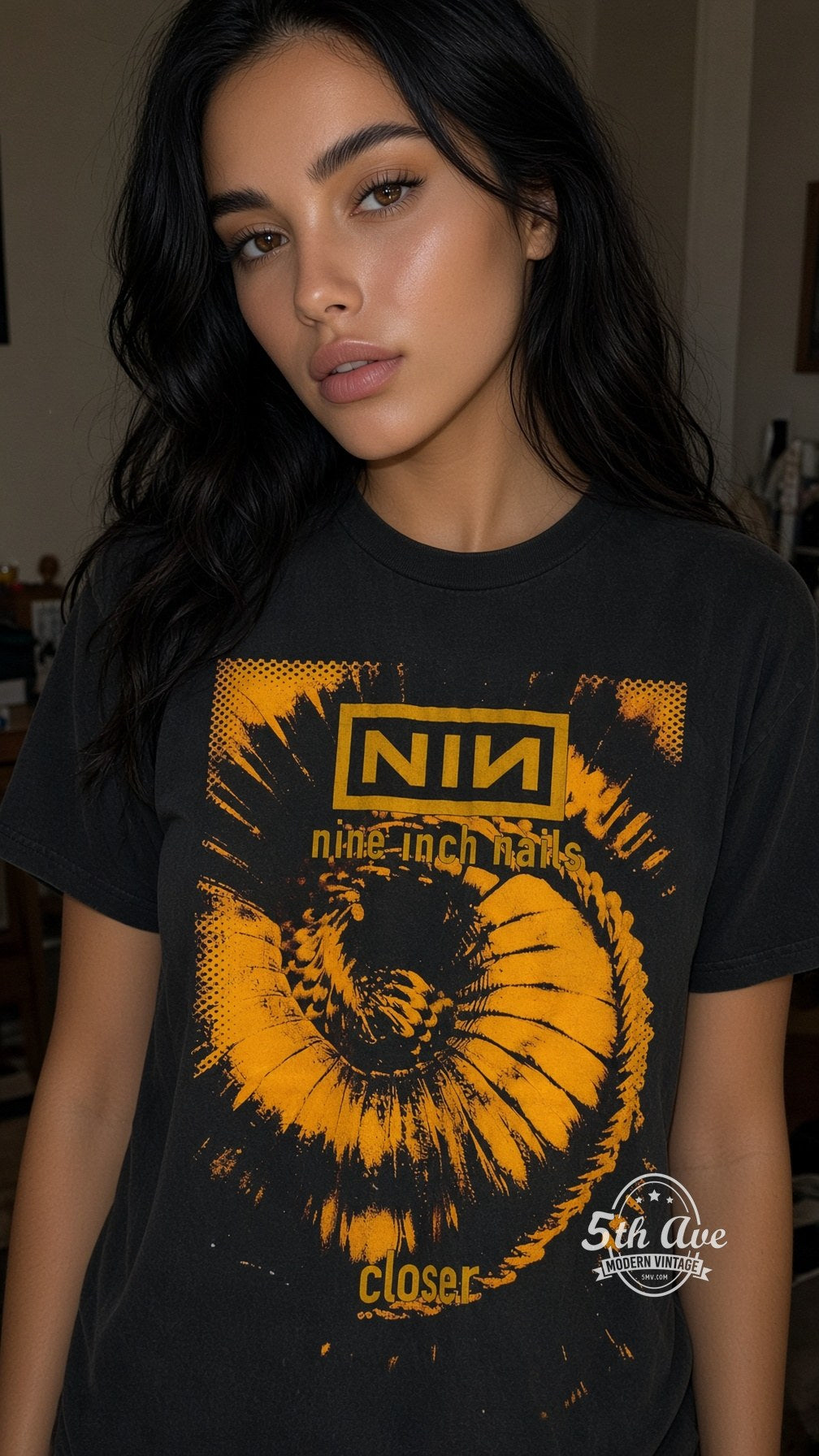 Model wearing Nine Inch Nails vintage band t-shirt