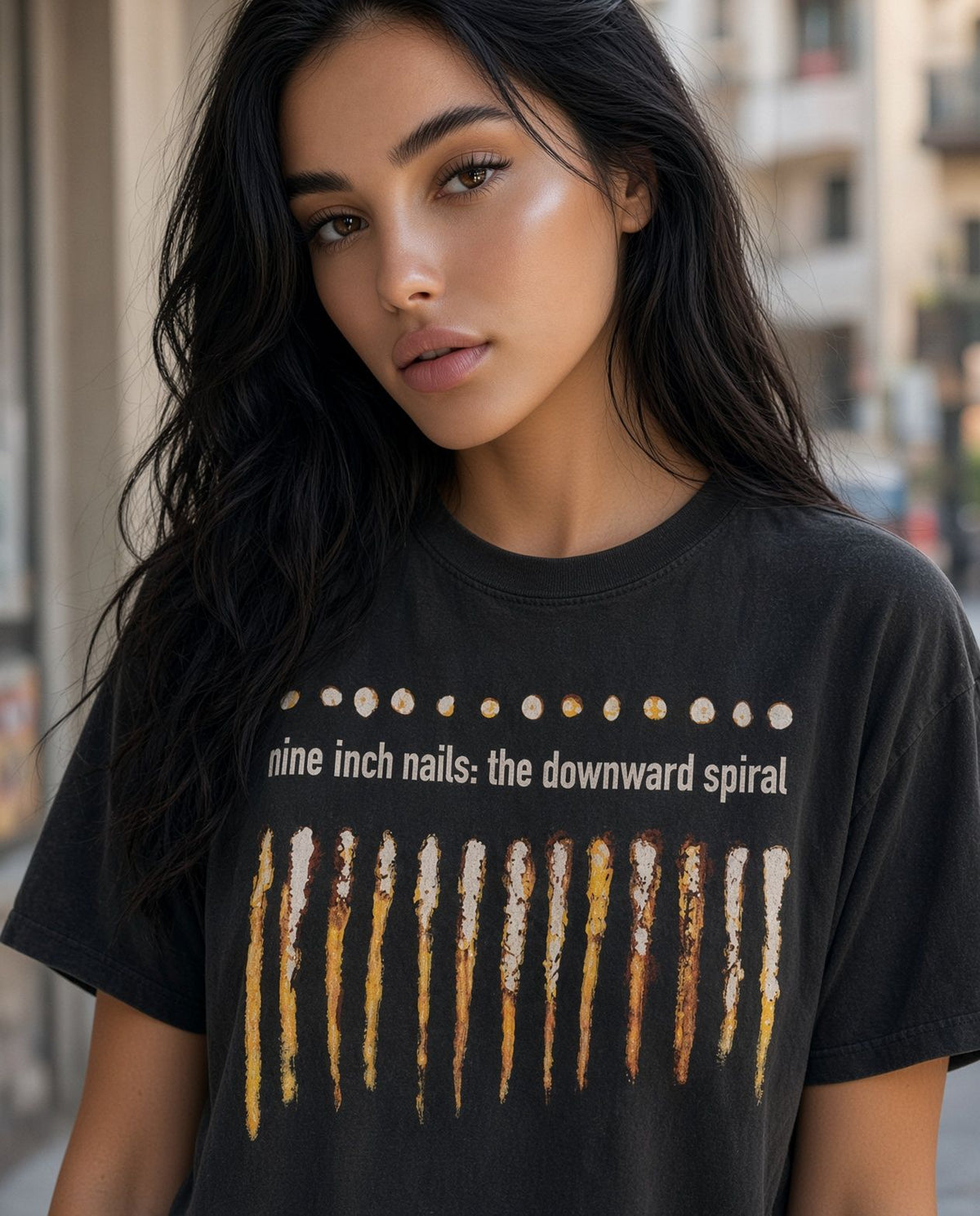 Model wearing Nine Inch Nails The Downward Spiral vintage band t-shirt