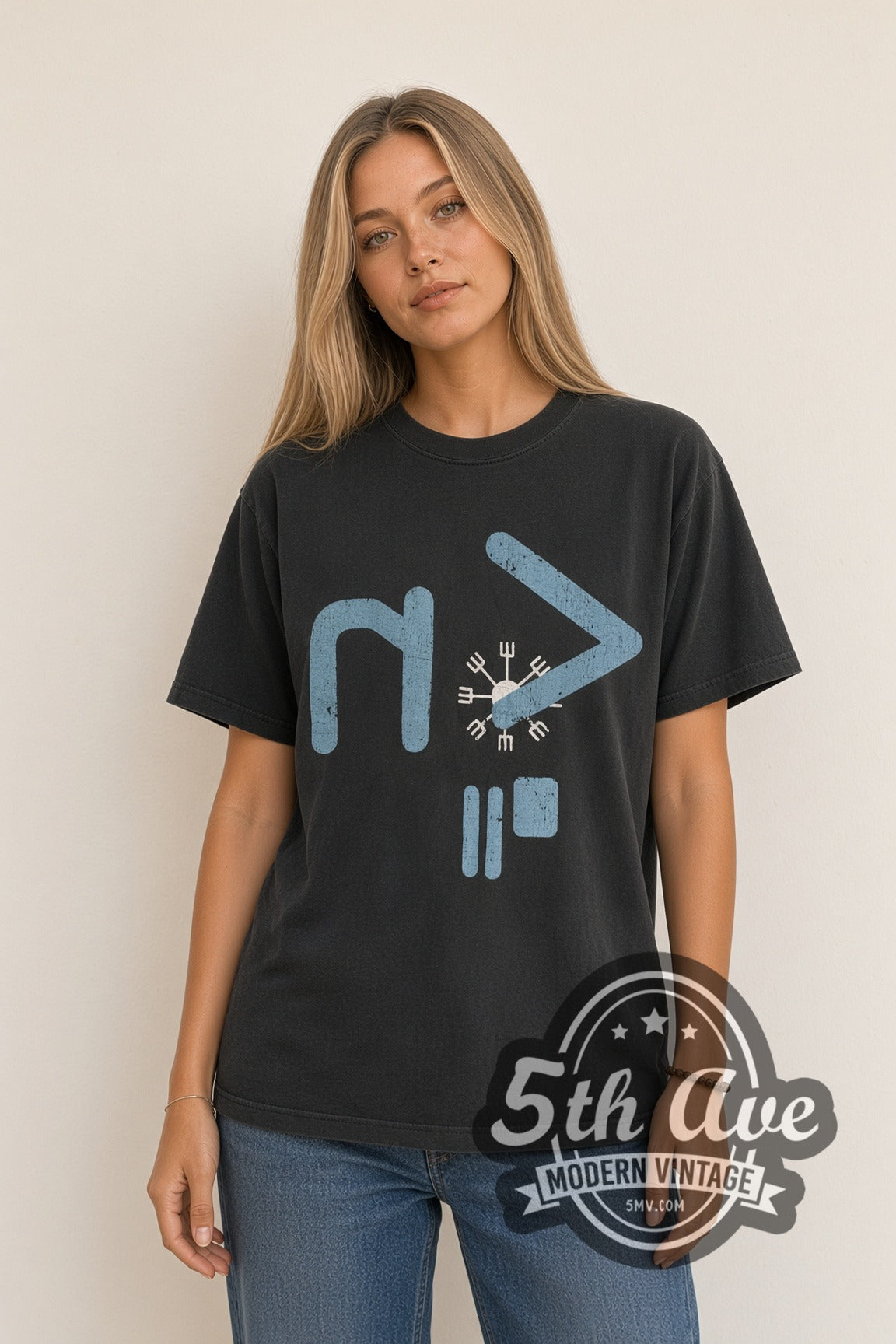 Woman wearing Nine Inch Nails Dissonance blue NIN vintage band t-shirt