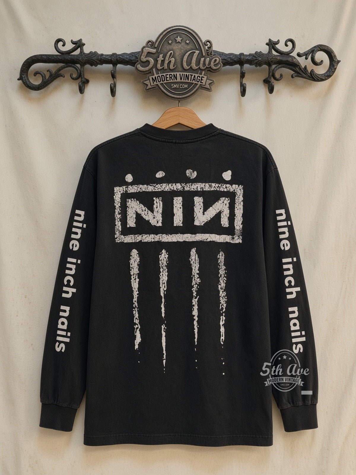 Nine Inch Nails Downward Spiral Yellow NIN Logo Long Sleeve vintage band t-shirt back on cream 5th Ave rack