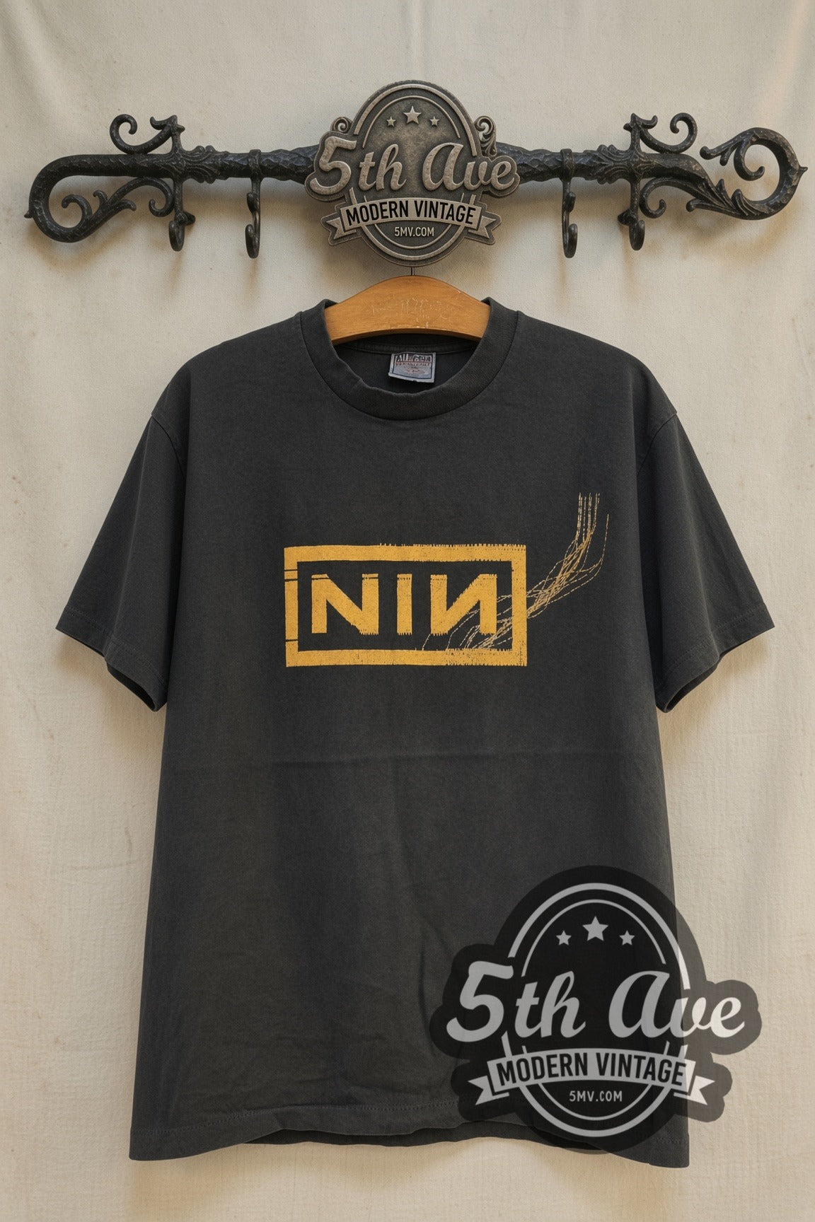 Nine Inch Nails Gold Boxed NIN Logo Scratch Lines vintage band t-shirt front on cream 5th Ave rack
