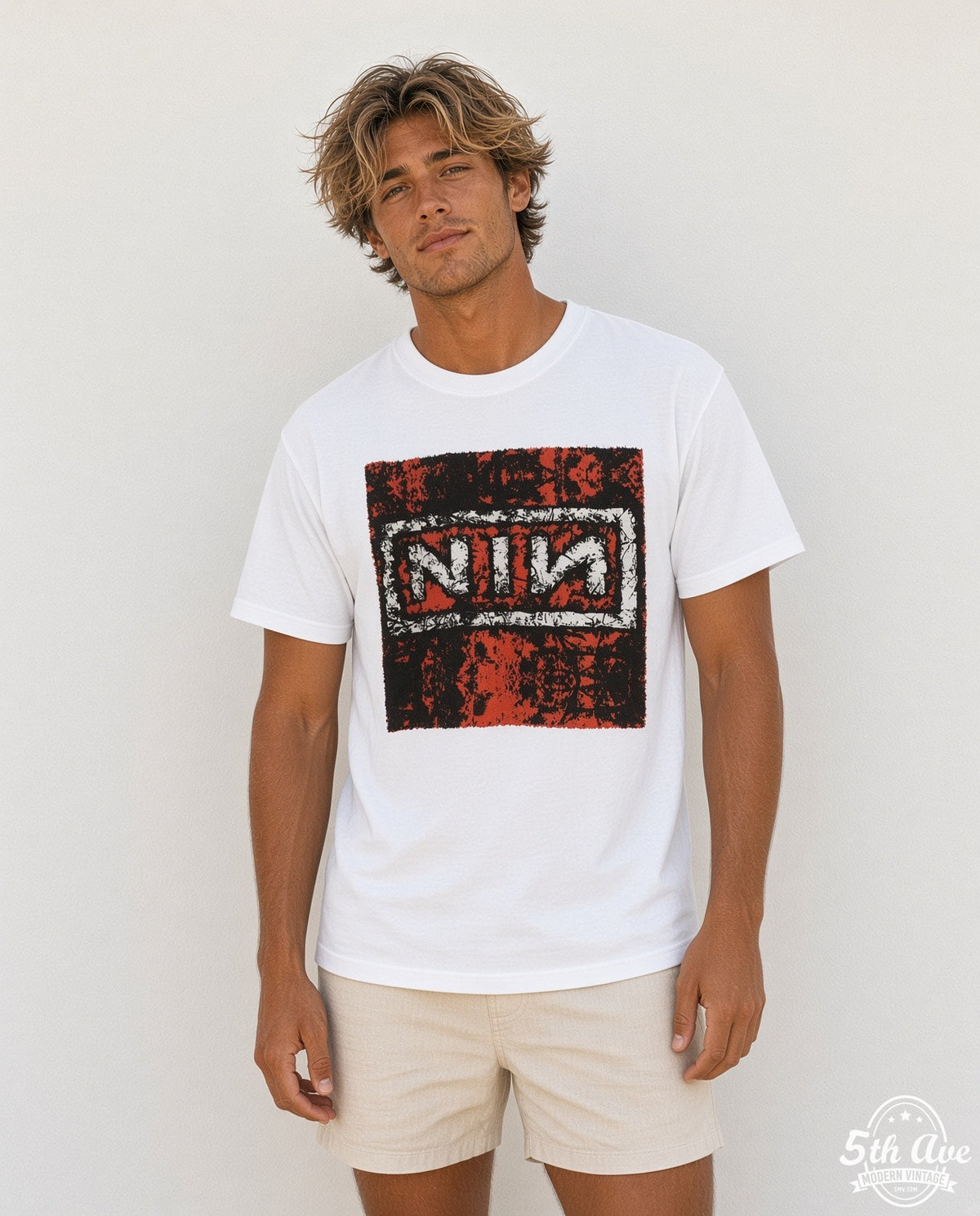 Model wearing Nine Inch Nails In Concert Trent Crouch White Body vintage t-shirt