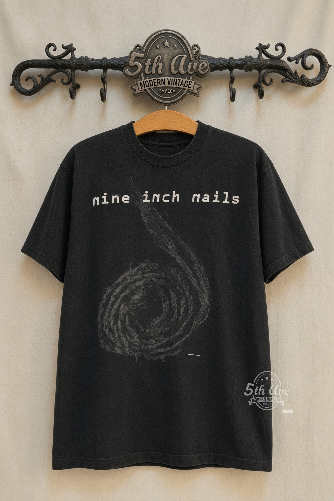 Nine Inch Nails Spiral Goddamn This Noise Inside My Head vintage band t-shirt front on cream 5th Ave rack