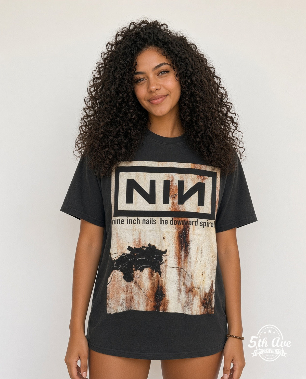 Model wearing Nine Inch Nails The Downward Spiral Nothing Records vintage t-shirt