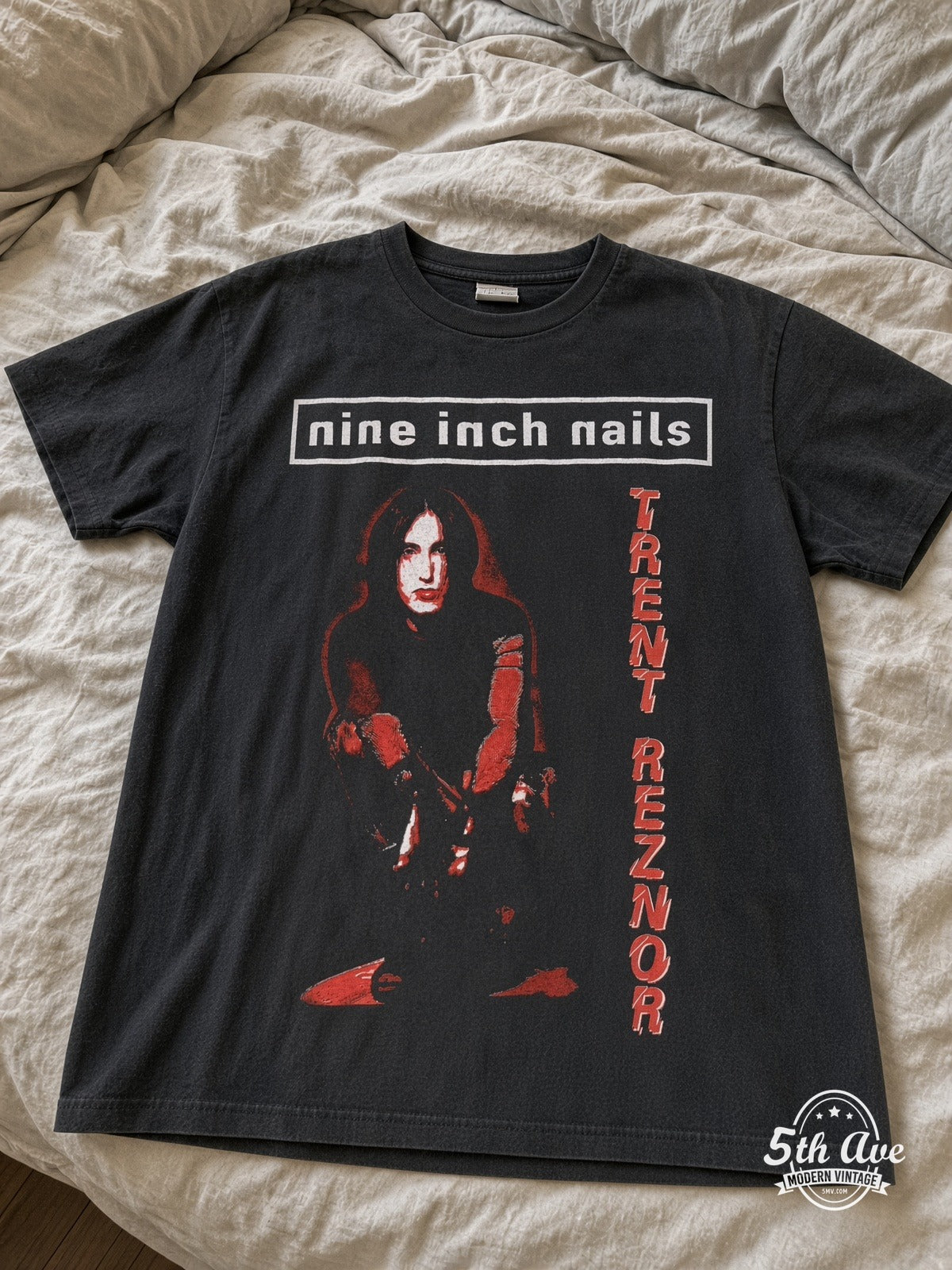 Nine Inch Nails Trent Reznor Portrait vintage tee laid on bed