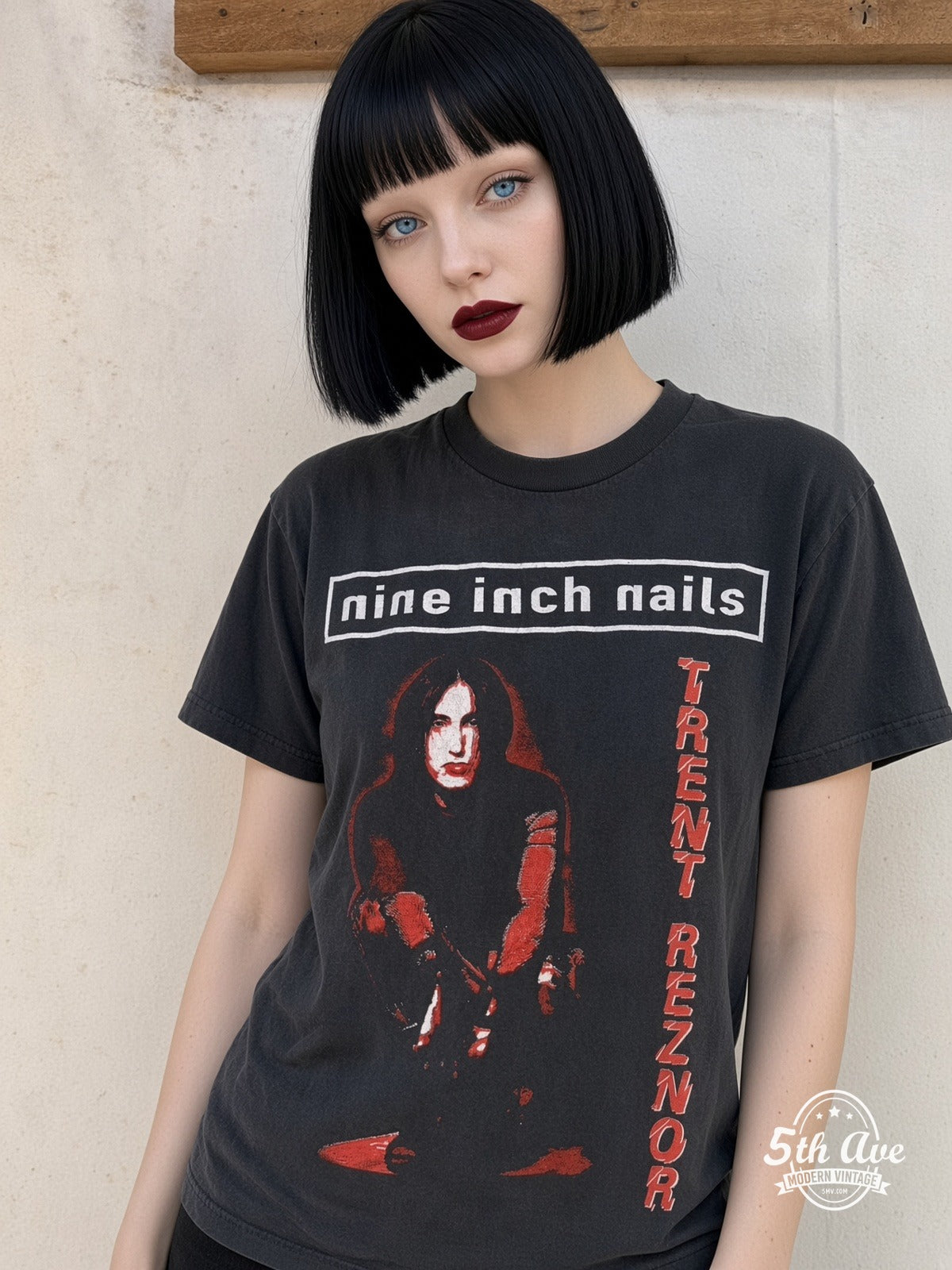 Model wearing Nine Inch Nails Trent Reznor Portrait vintage t-shirt