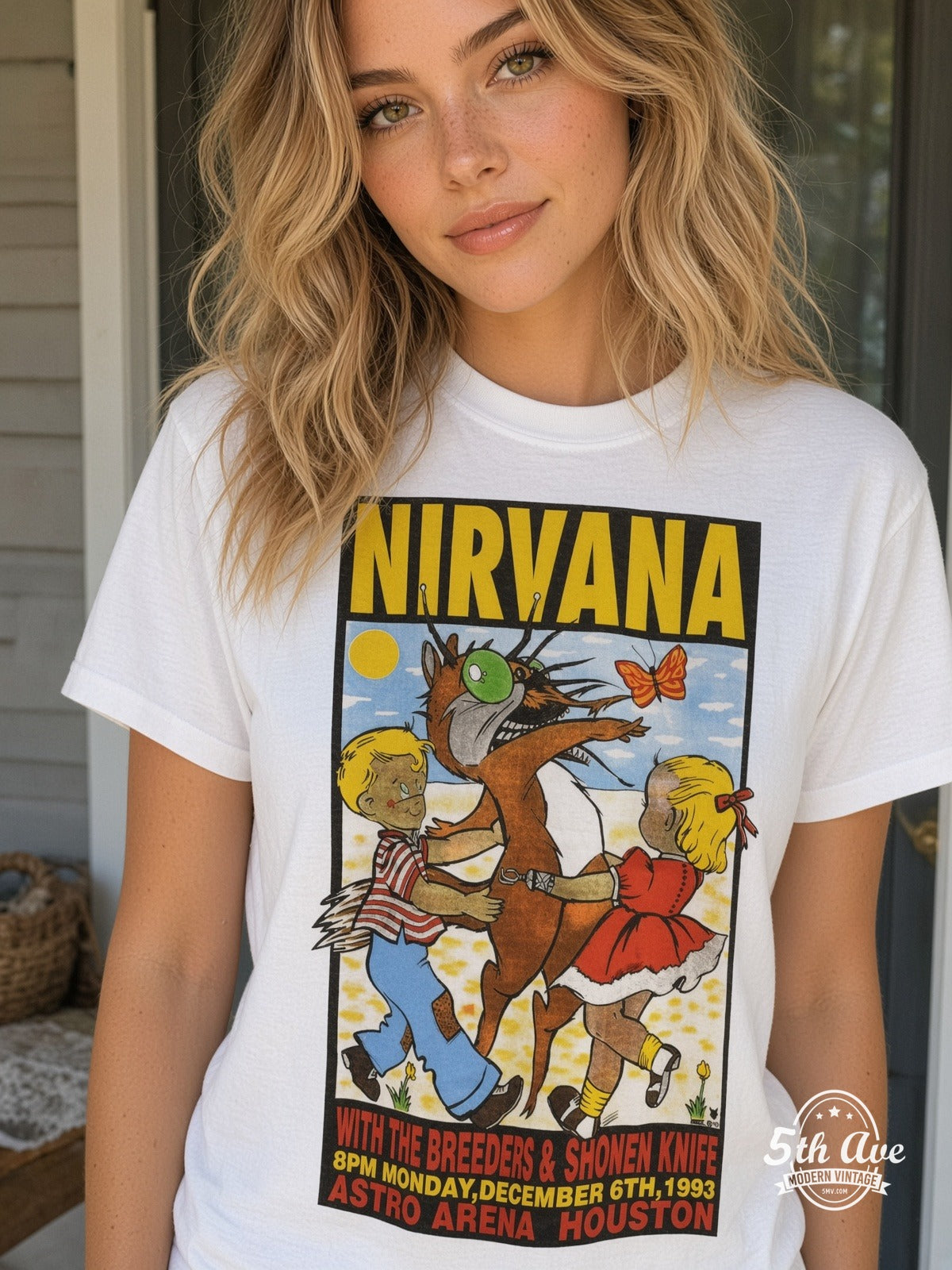 Model wearing Nirvana Astro Arena Houston Dec 6 1993 vintage t-shirt