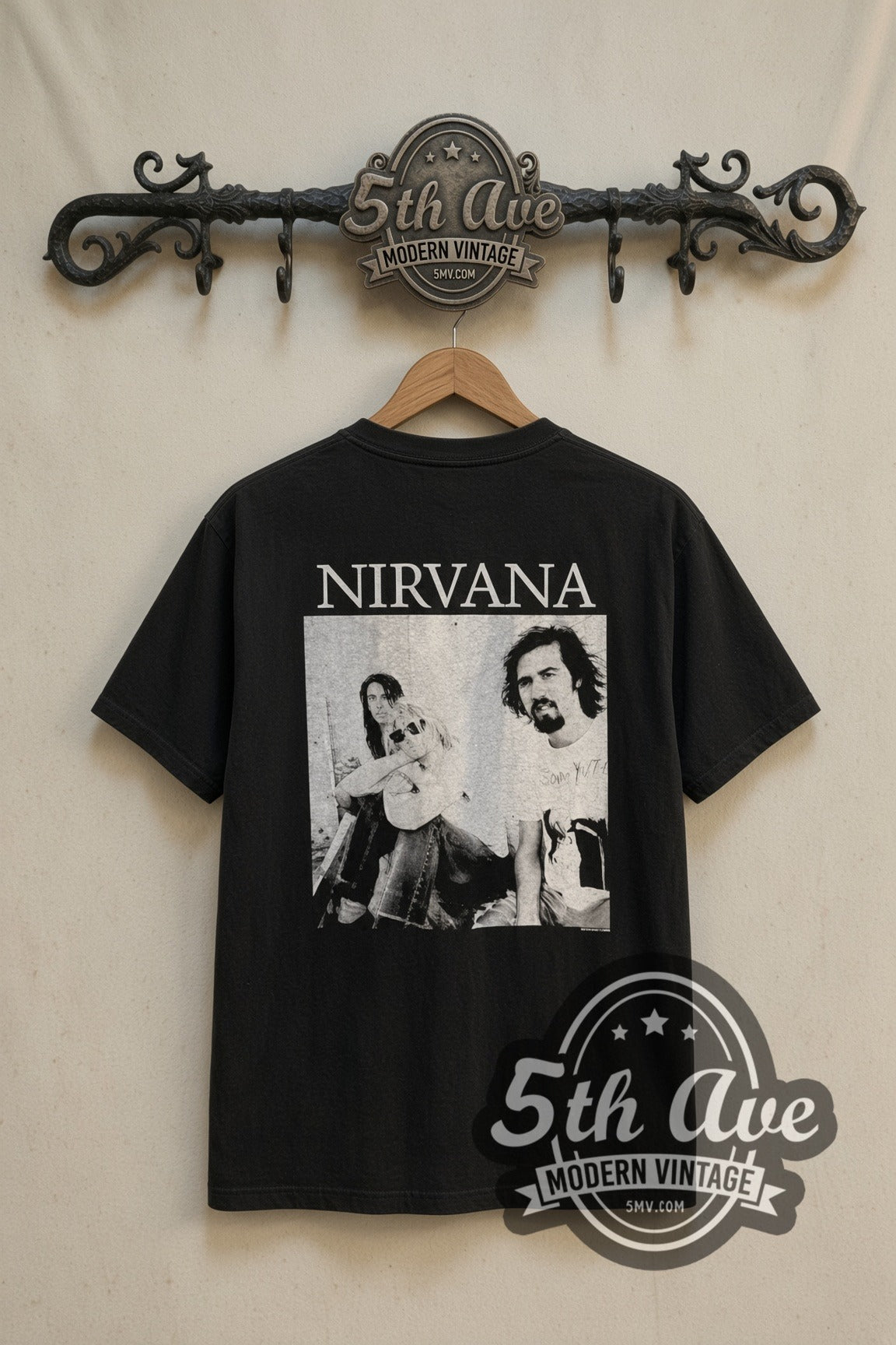 Nirvana Band Photo Frames band t-shirt in black, back view on a display rack