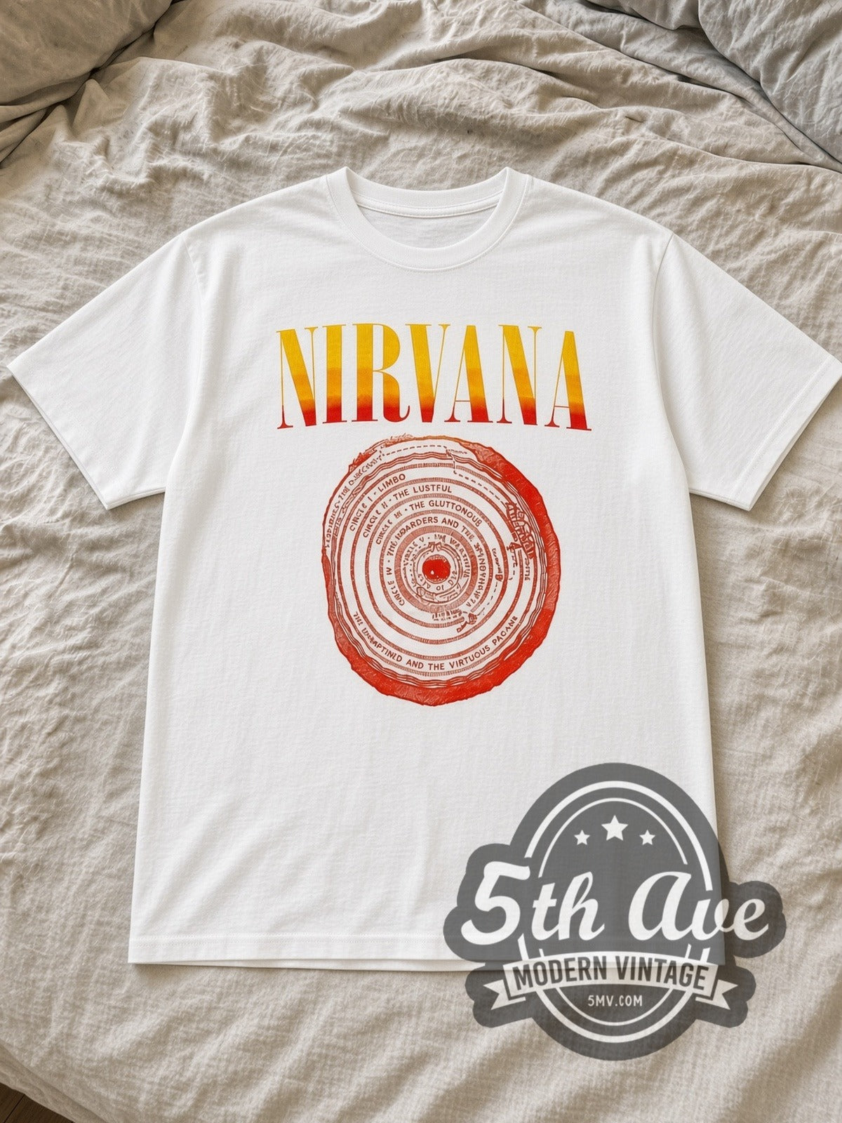 White Nirvana Circles of Hell Yellow Logo White Vintage Band T-Shirt laid flat on a linen bed