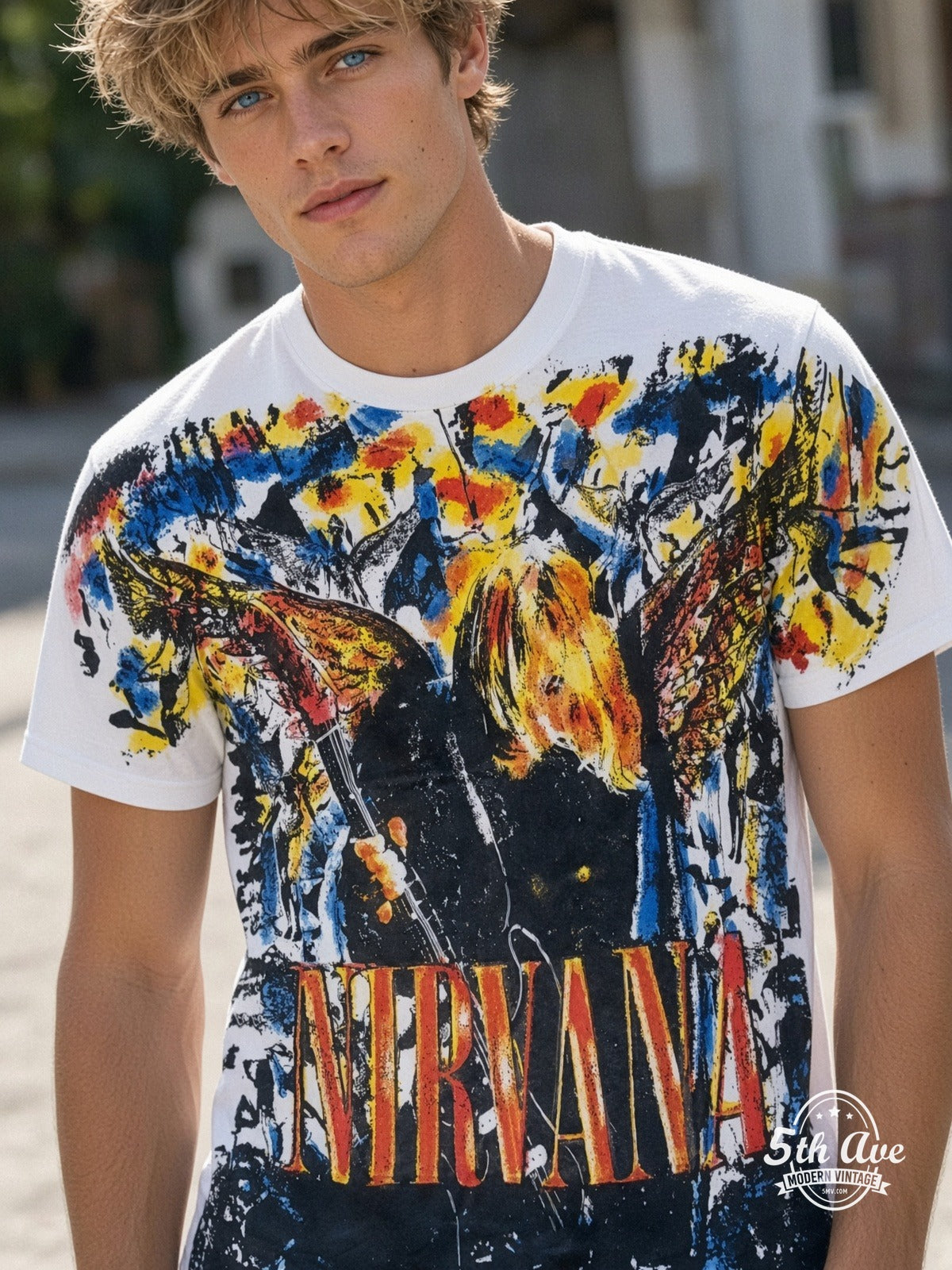 Nirvana Faces Collage all over print vintage tee model wearing