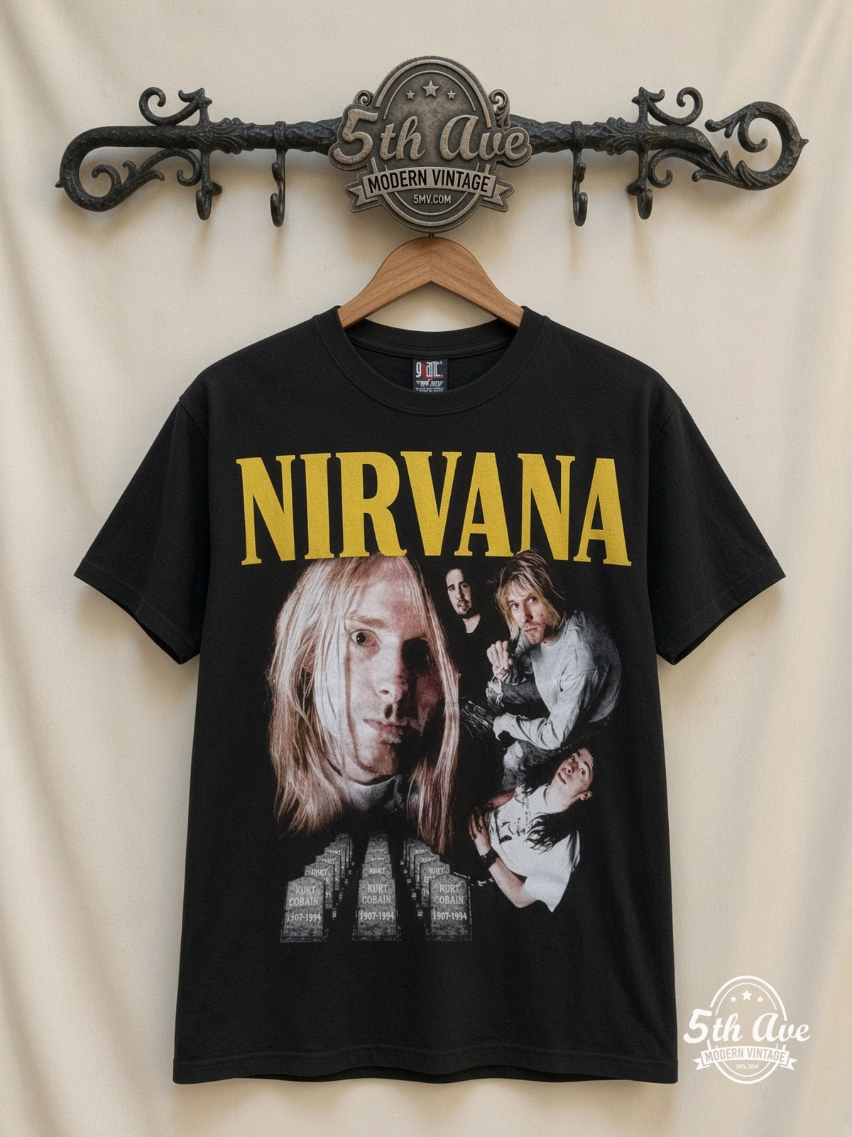 Nirvana Collage Yellow Logo all over print vintage tee back on cream 5th Ave rack
