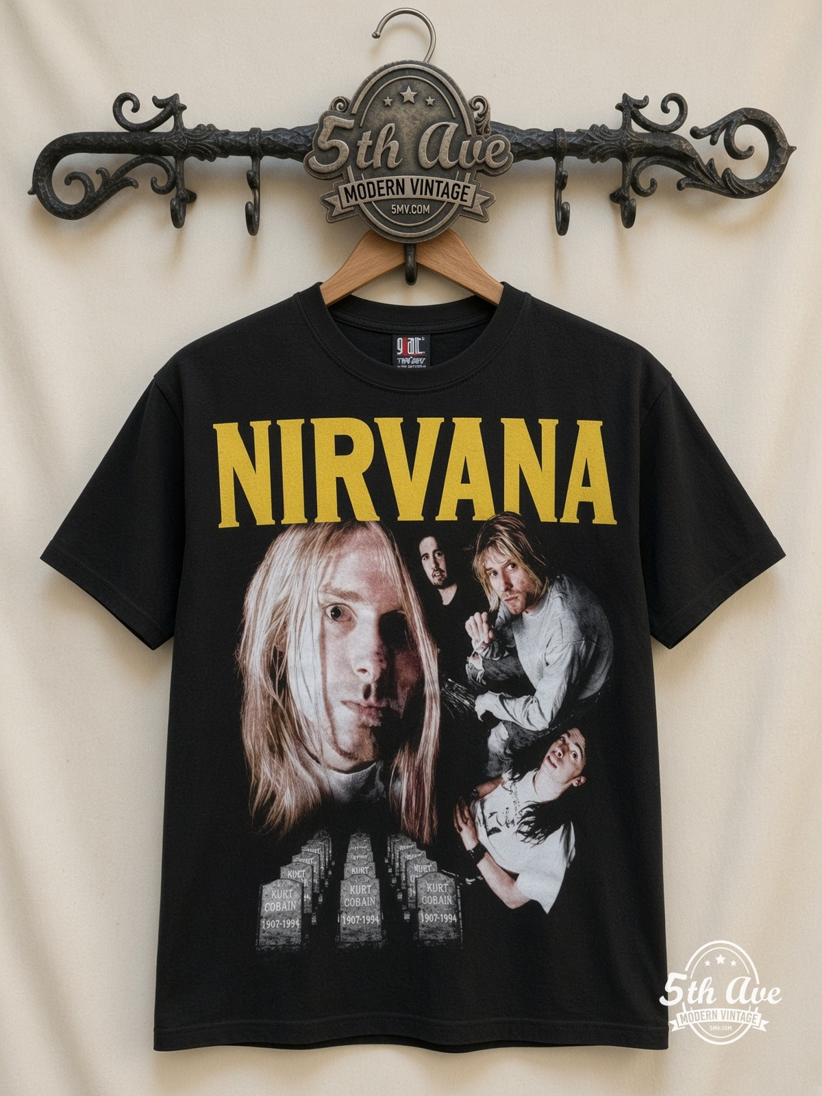 Nirvana Collage Yellow Logo all over print vintage band t-shirt front on cream 5th Ave rack