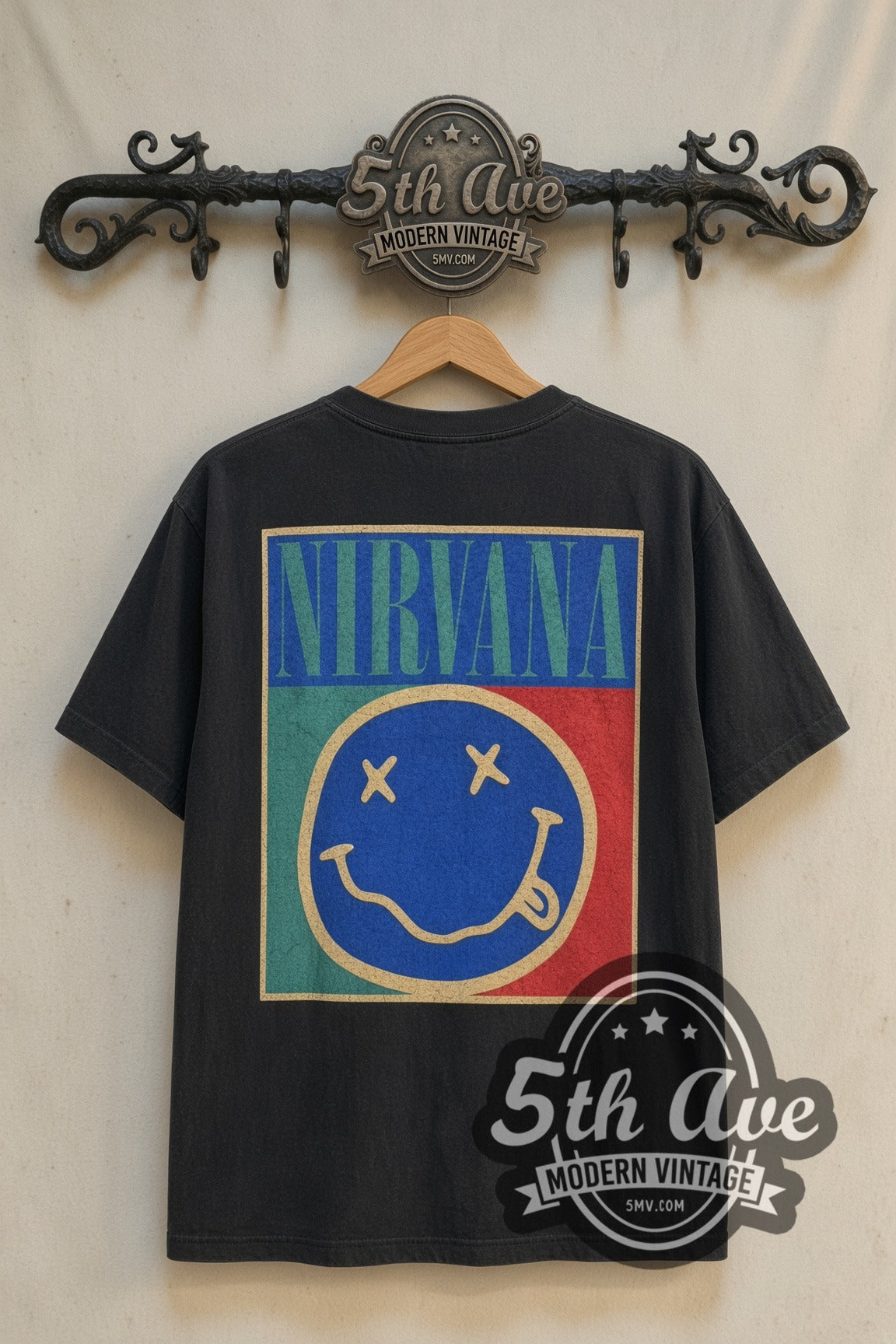 Back print of Nirvana Come As You Are Psychedelic Smiley & Box Logo tee on 5th Ave rack