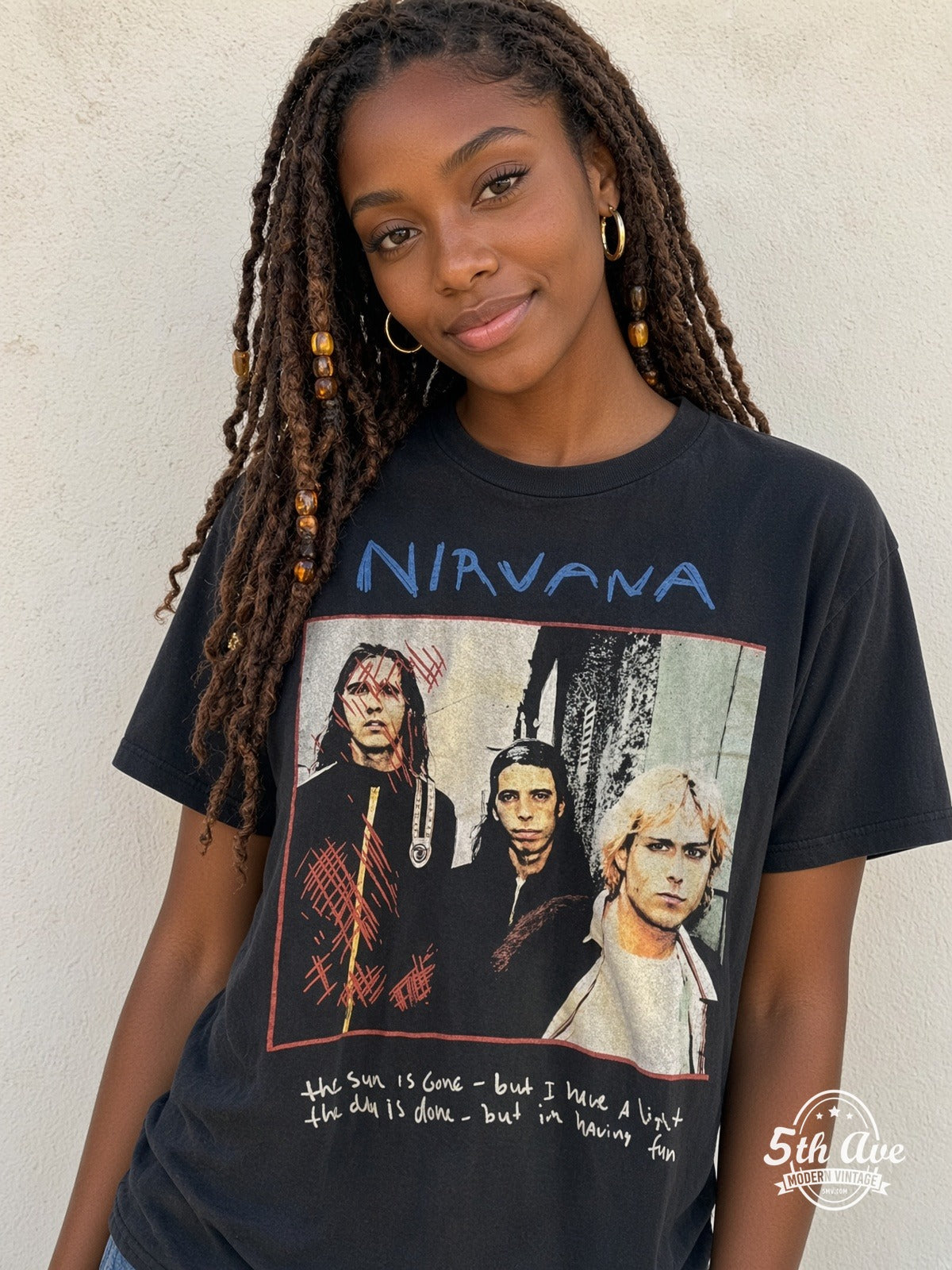Model wearing Nirvana Dumb Oh Our Last and Final Name vintage t-shirt