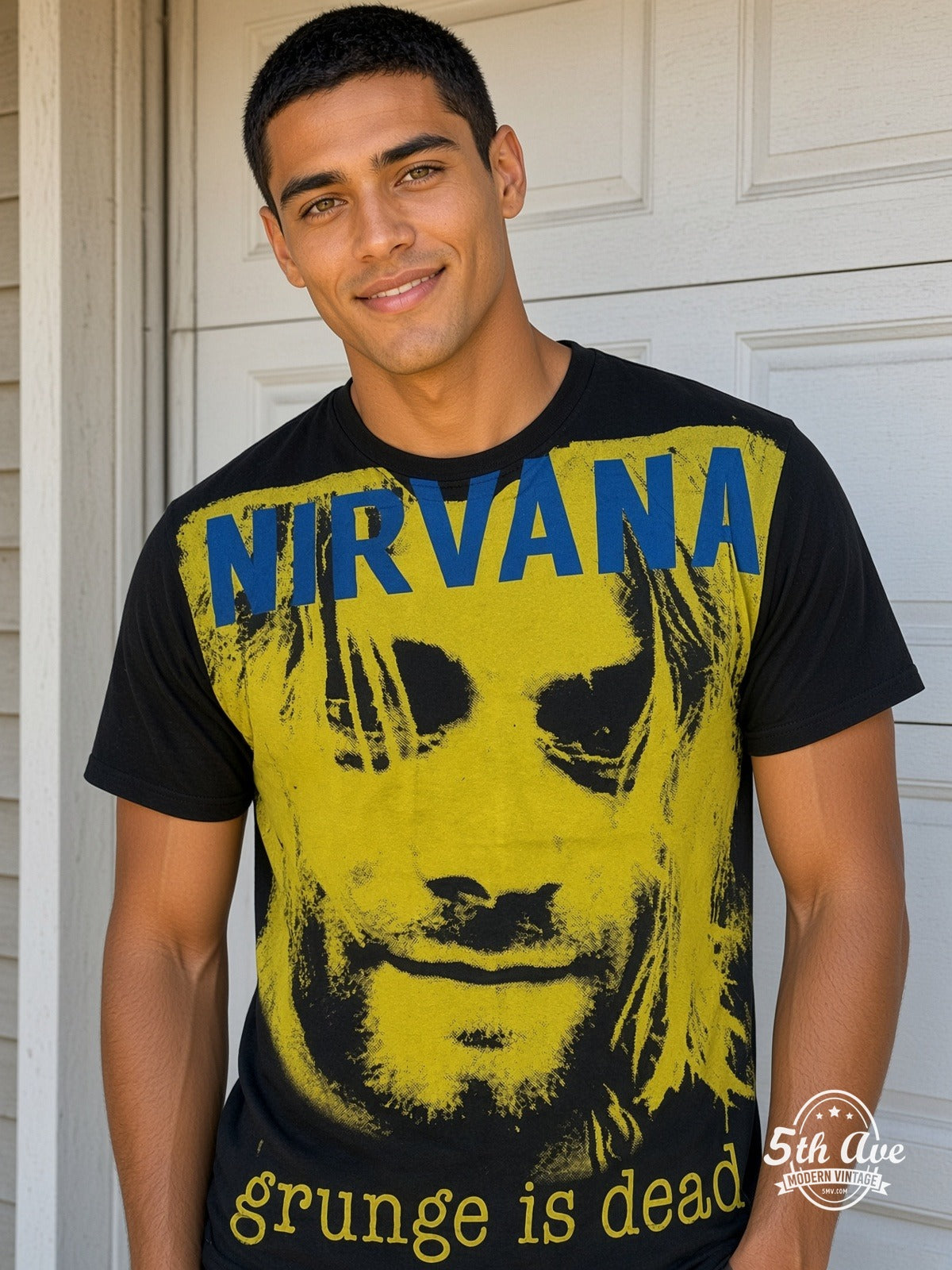 Nirvana Grunge Is Dead Yellow Kurt all over print vintage tee model wearing