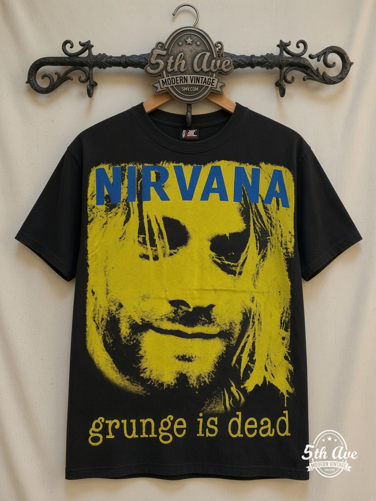 Nirvana Grunge Is Dead Yellow Kurt all over print vintage band t-shirt front on cream 5th Ave rack