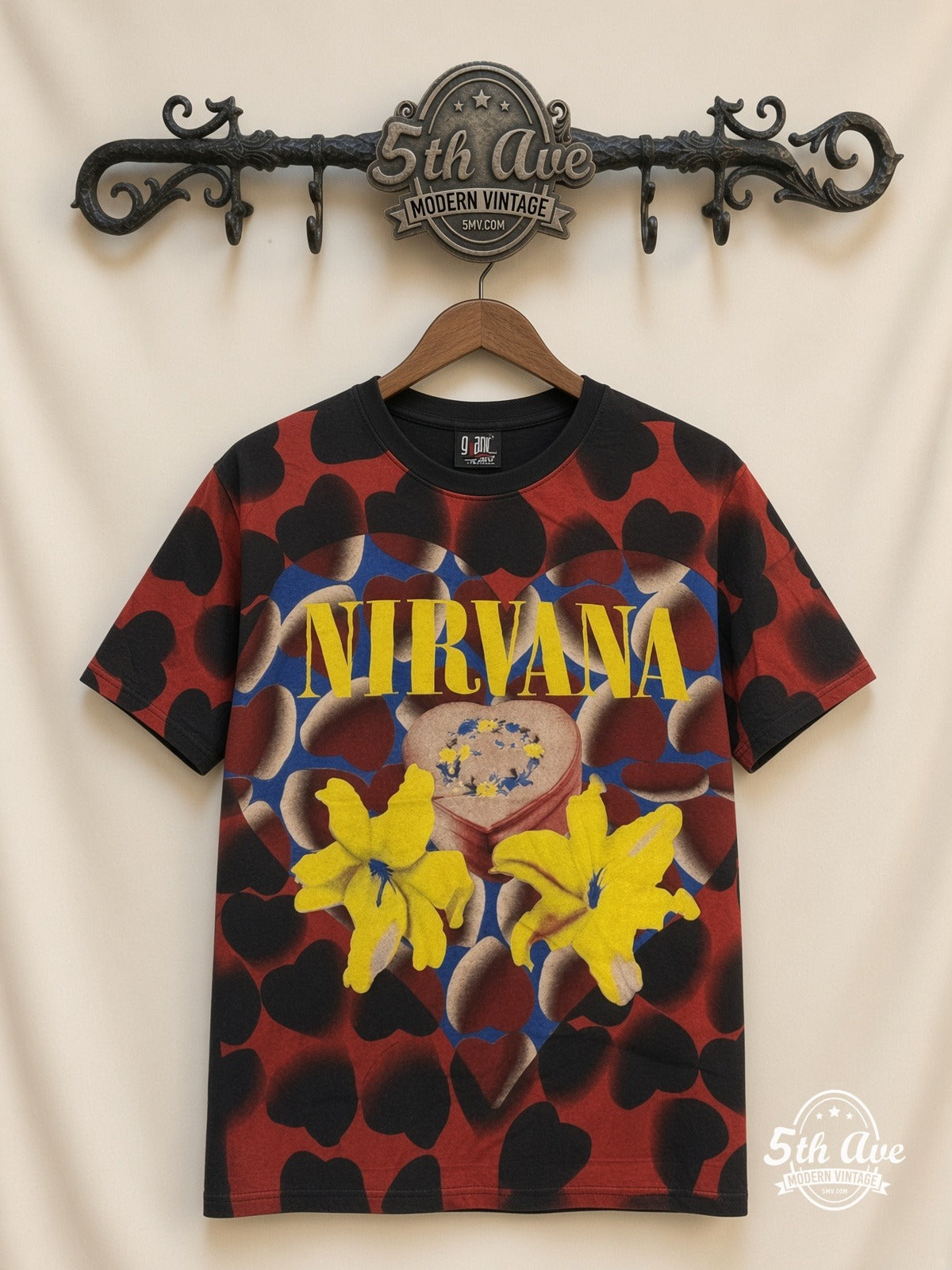 Nirvana Heart Lilies all over print vintage band t-shirt front on cream 5th Ave rack
