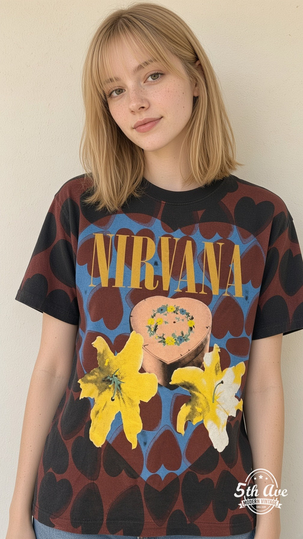 Model wearing Nirvana vintage band tee