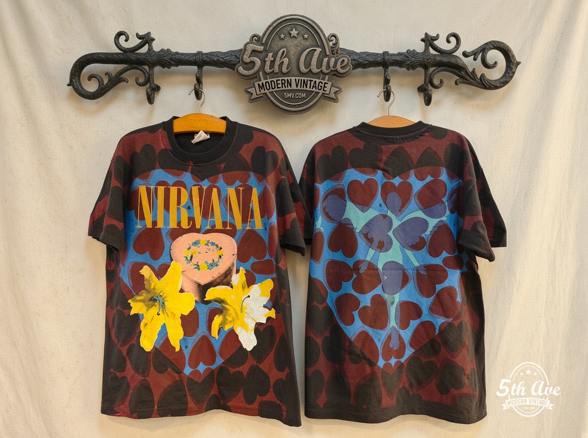 Nirvana Heart-Shaped Box all-over print vintage band t-shirt on rack