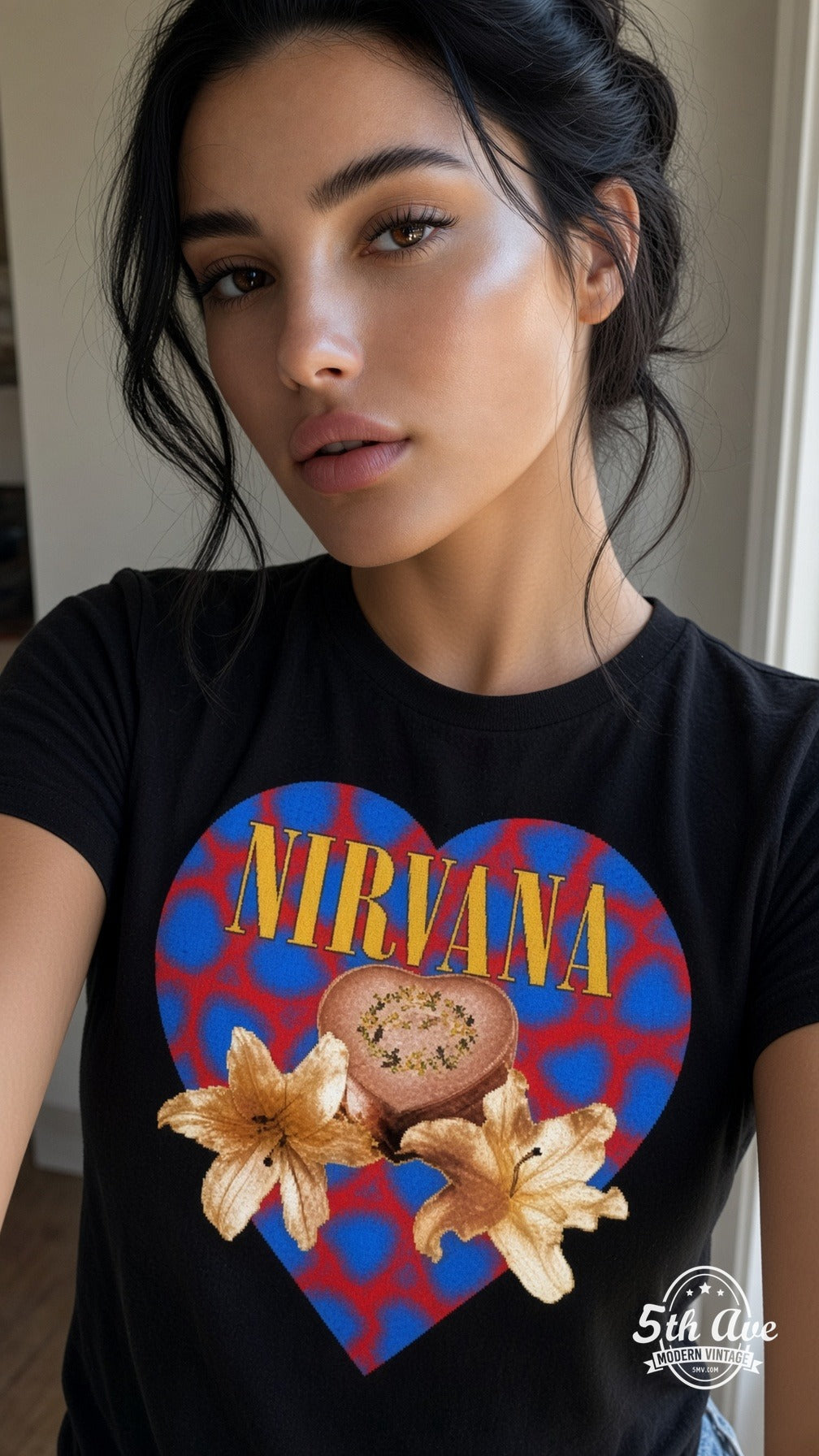 Model wearing Nirvana Heart-Shaped Box vintage band tee