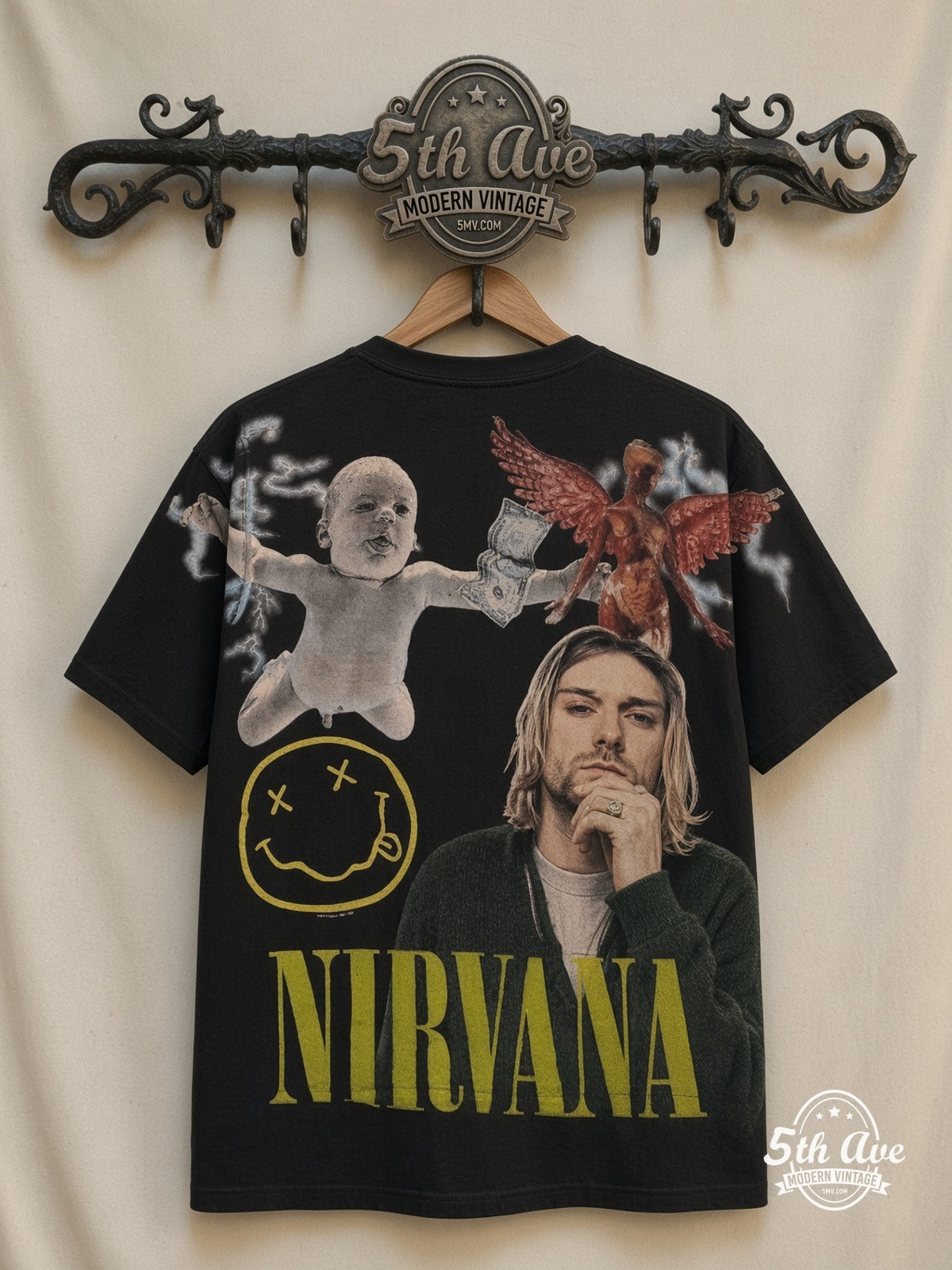 Nirvana In Utero Angel Smiley all over print vintage tee back on cream 5th Ave rack