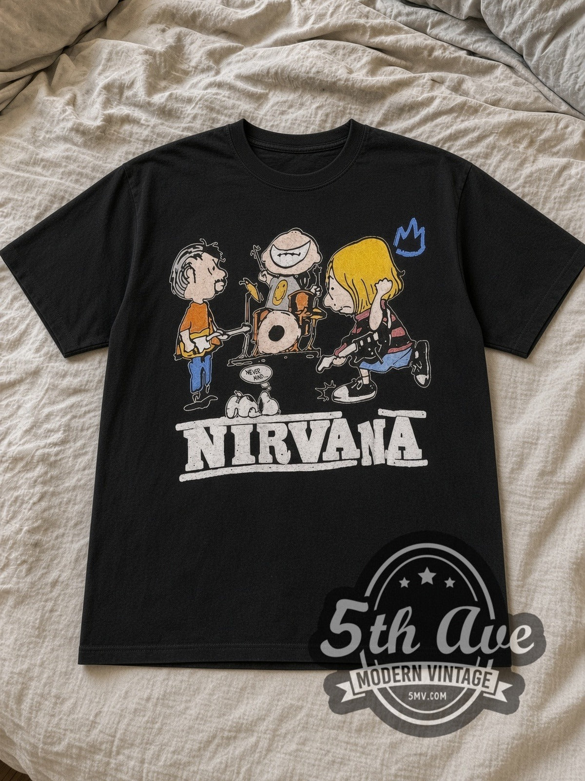 Black Peanuts Nirvana In Utero x Snoopy Vintage Cartoon T-Shirt laid flat on a linen bed