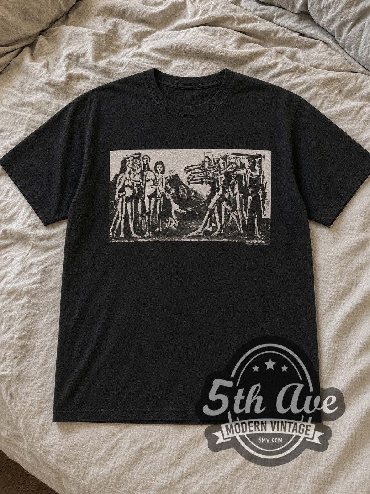 Black Nirvana 1993 Concert Lineup Vintage Band T-Shirt laid flat on a linen bed