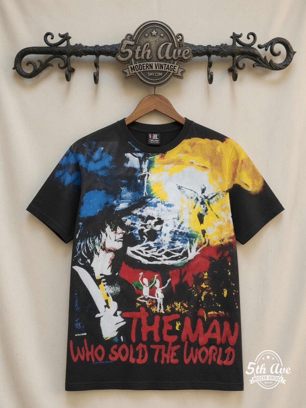 Nirvana Man Who Sold The World Black all over print vintage band t-shirt front on cream 5th Ave rack