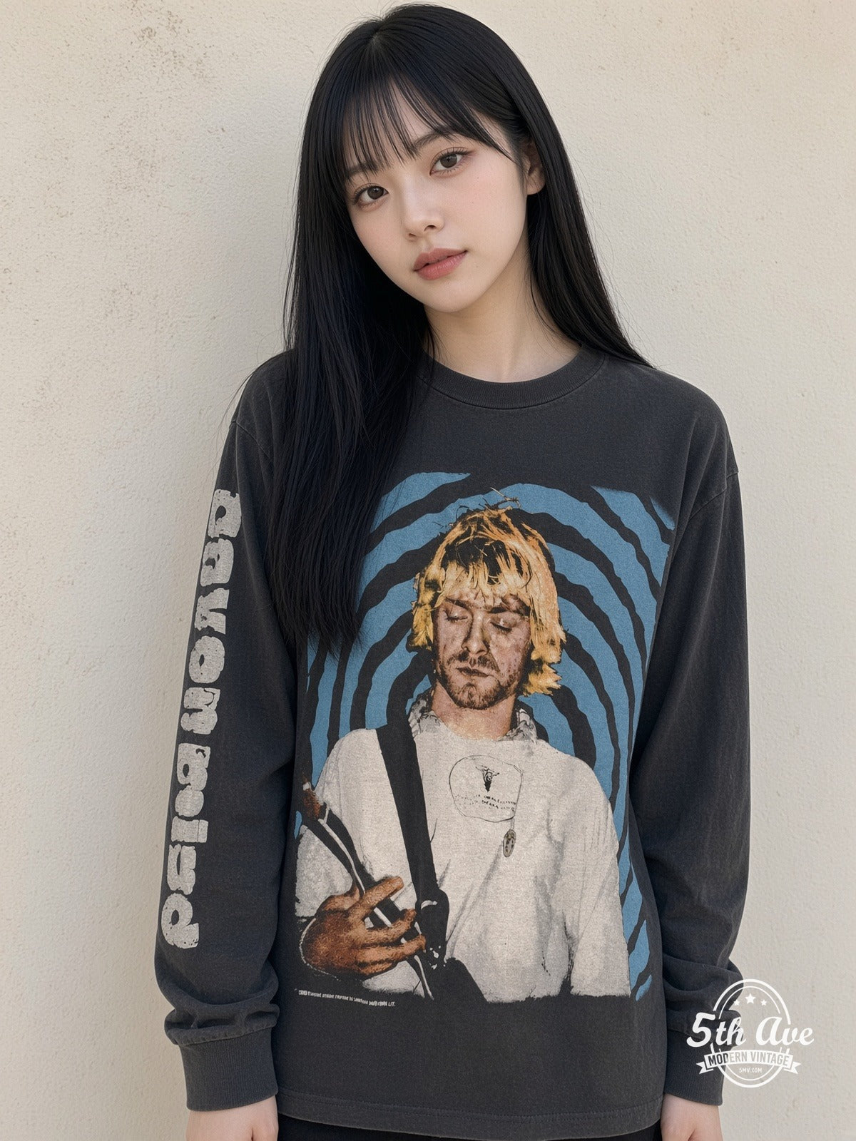Model wearing Nirvana Nevermind Kurt Spiral Long Sleeve vintage t-shirt