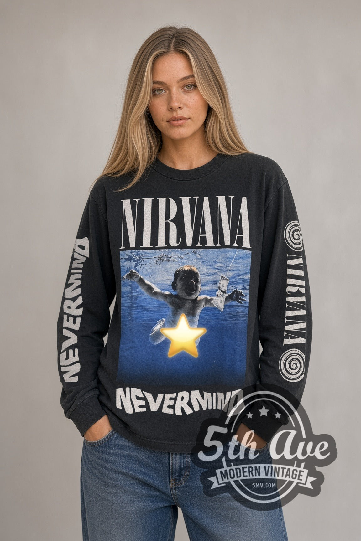 Woman wearing black Nirvana Nevermind Star Baby vintage long sleeve band t-shirt