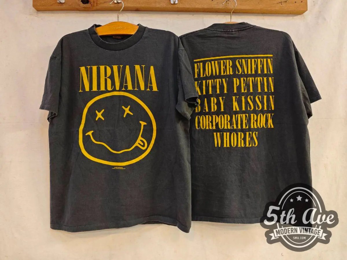 Nirvana Smiley Face Flower Sniffin, Kitty Pettin, Baby Kissin, Corporate Rock Whores - New Vintage Band T shirt - Vintage Band Shirts