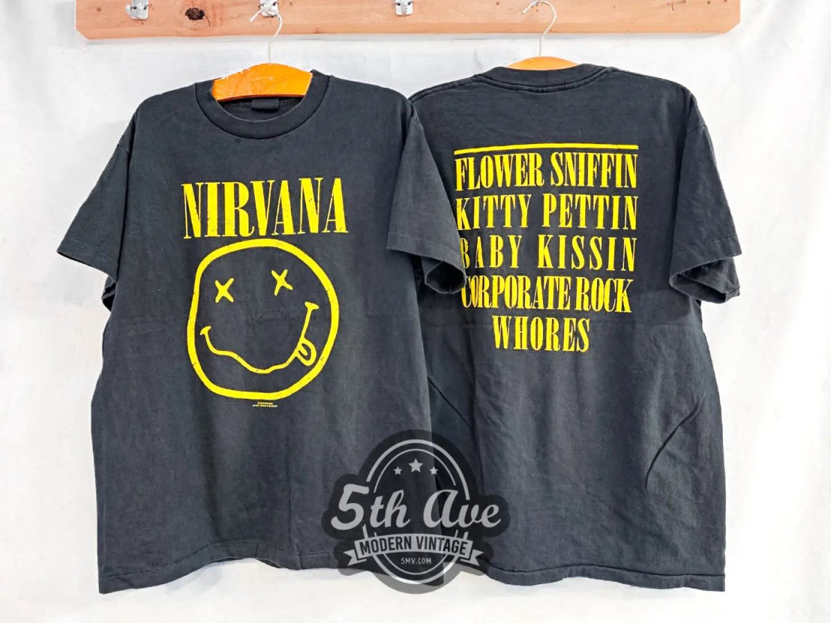 Nirvana Smiley Face Flower Sniffin, Kitty Pettin, Baby Kissin, Corporate Rock Whores - New Vintage Band T shirt - Vintage Band Shirts