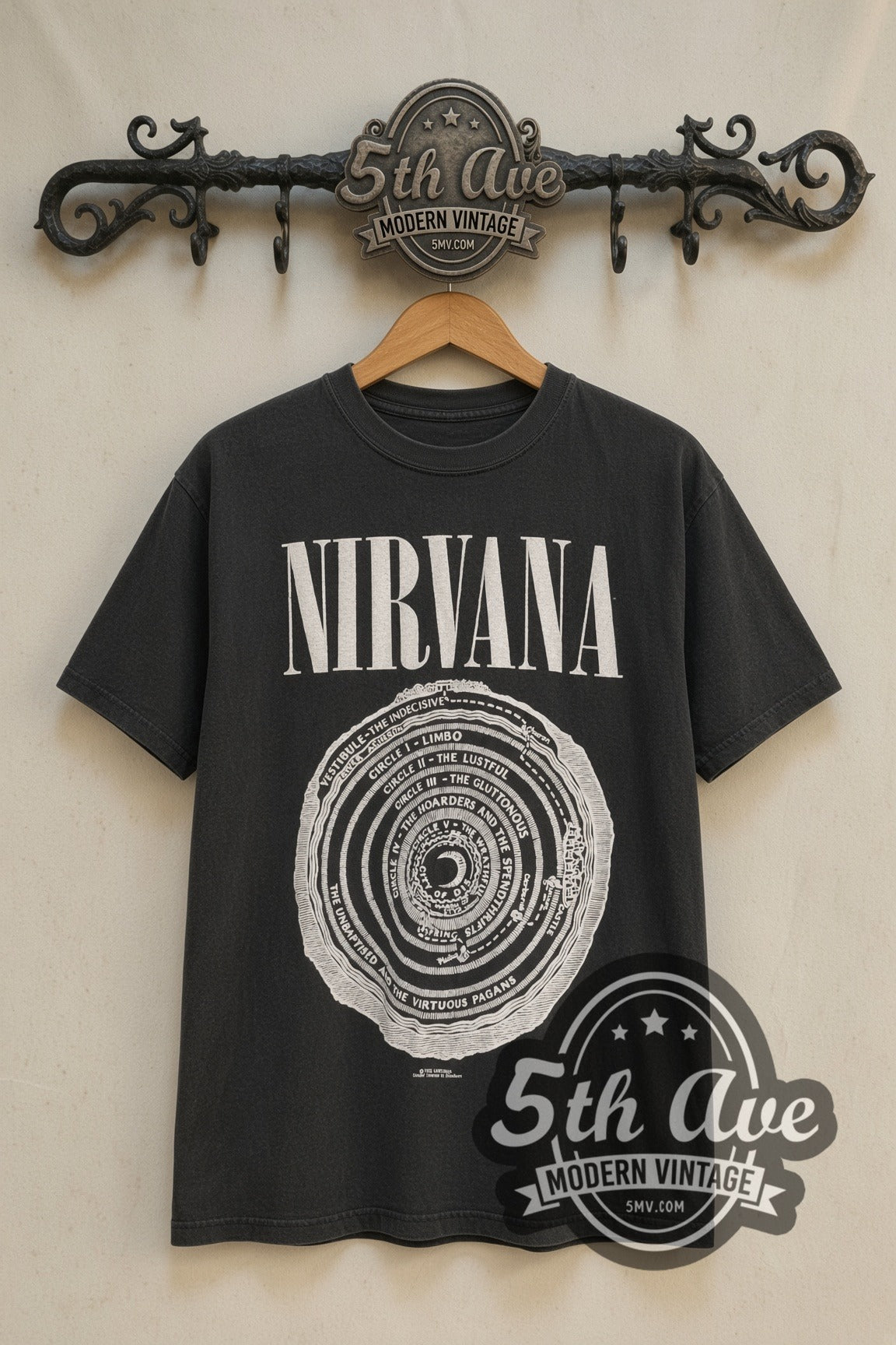 Nirvana Vestibule Circles of Hell band t-shirt front on 5th Ave iron rack