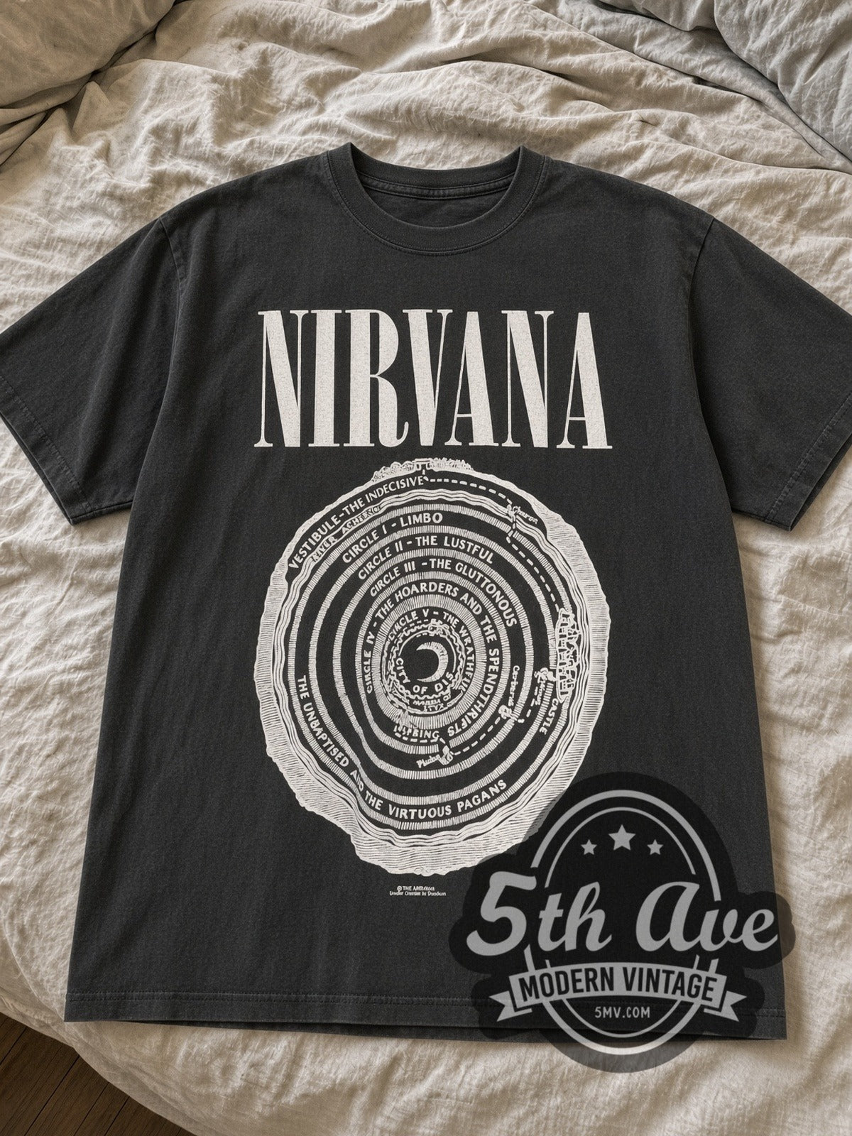 Faded Black Nirvana Vestibule Circles of Hell tee laid flat on linen bed