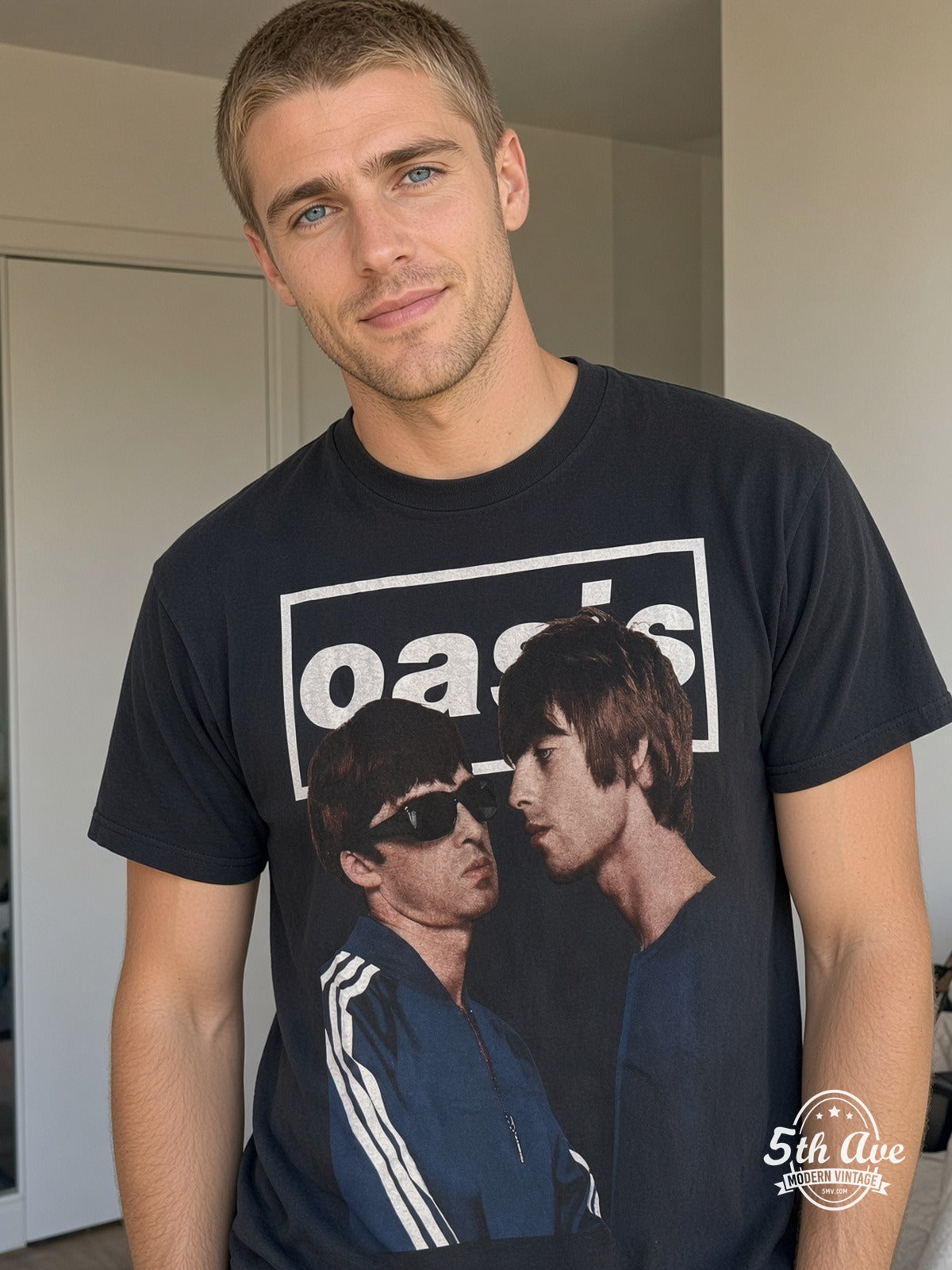 Model wearing Oasis 1991-2009 Gallagher Portraits vintage t-shirt