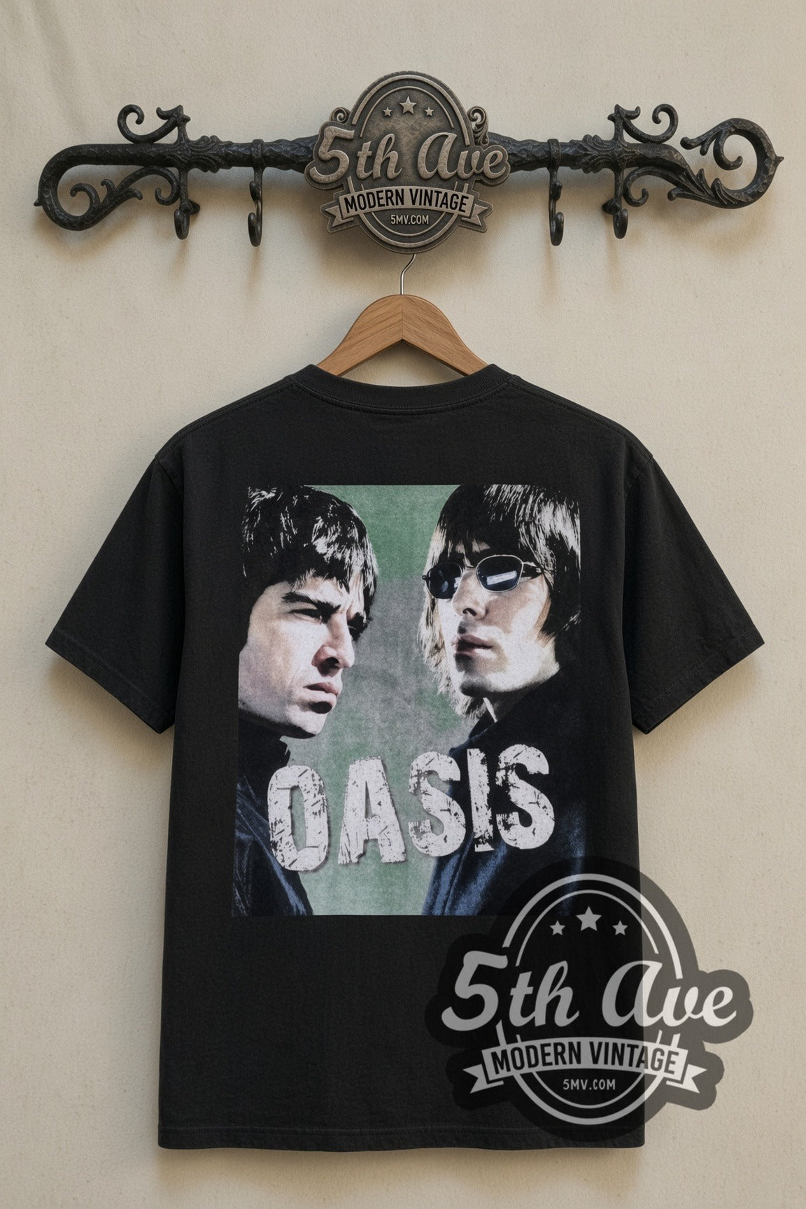 Oasis Gallagher Brothers Magazine Cover band t-shirt in black, back view on the 5MV rack