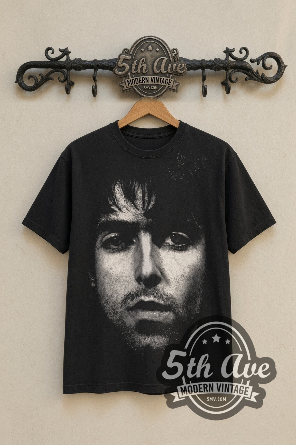 Oasis Liam Face & Keys band t-shirt front on 5th Ave iron rack