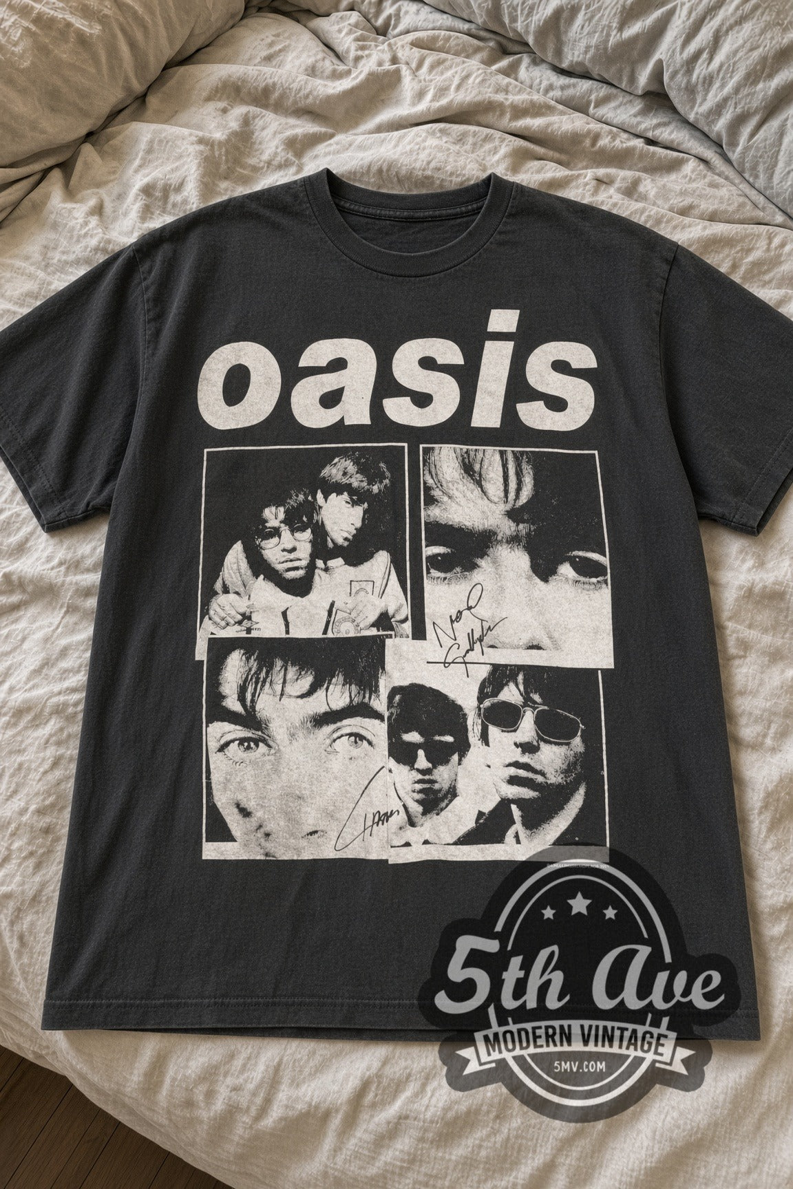 Oasis Lowercase Logo Signed Photo Grid vintage band t-shirt laid flat on bed