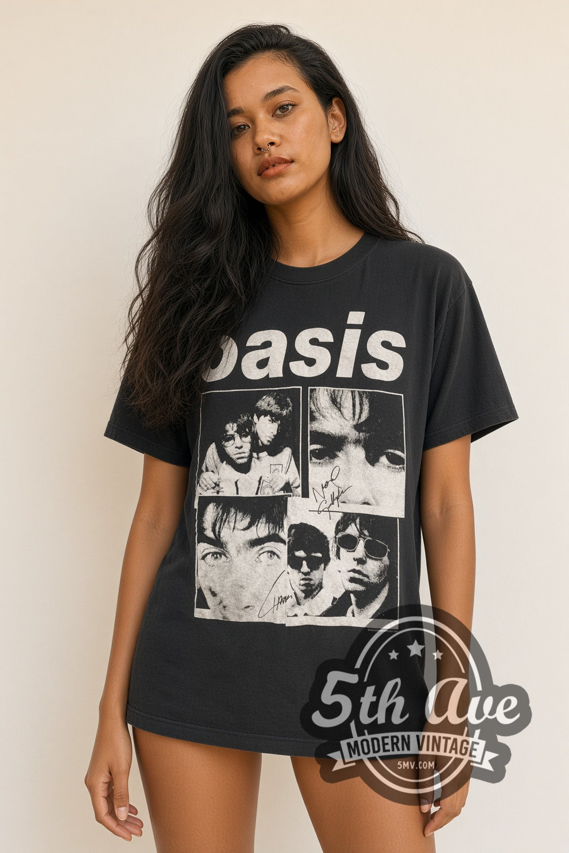 Model wearing Oasis Lowercase Logo Signed Photo Grid vintage band t-shirt