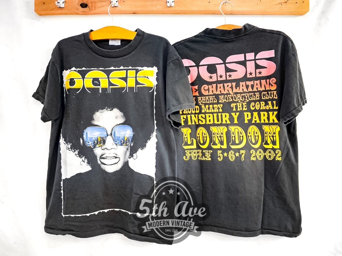 Oasis X The Charlatans, Black Rebel Motorcycle Club, Proud Mary and The Coral at Finsbury Park 2002 - Vintage Reprint Band T-Shirt - Vintage Band Shirts