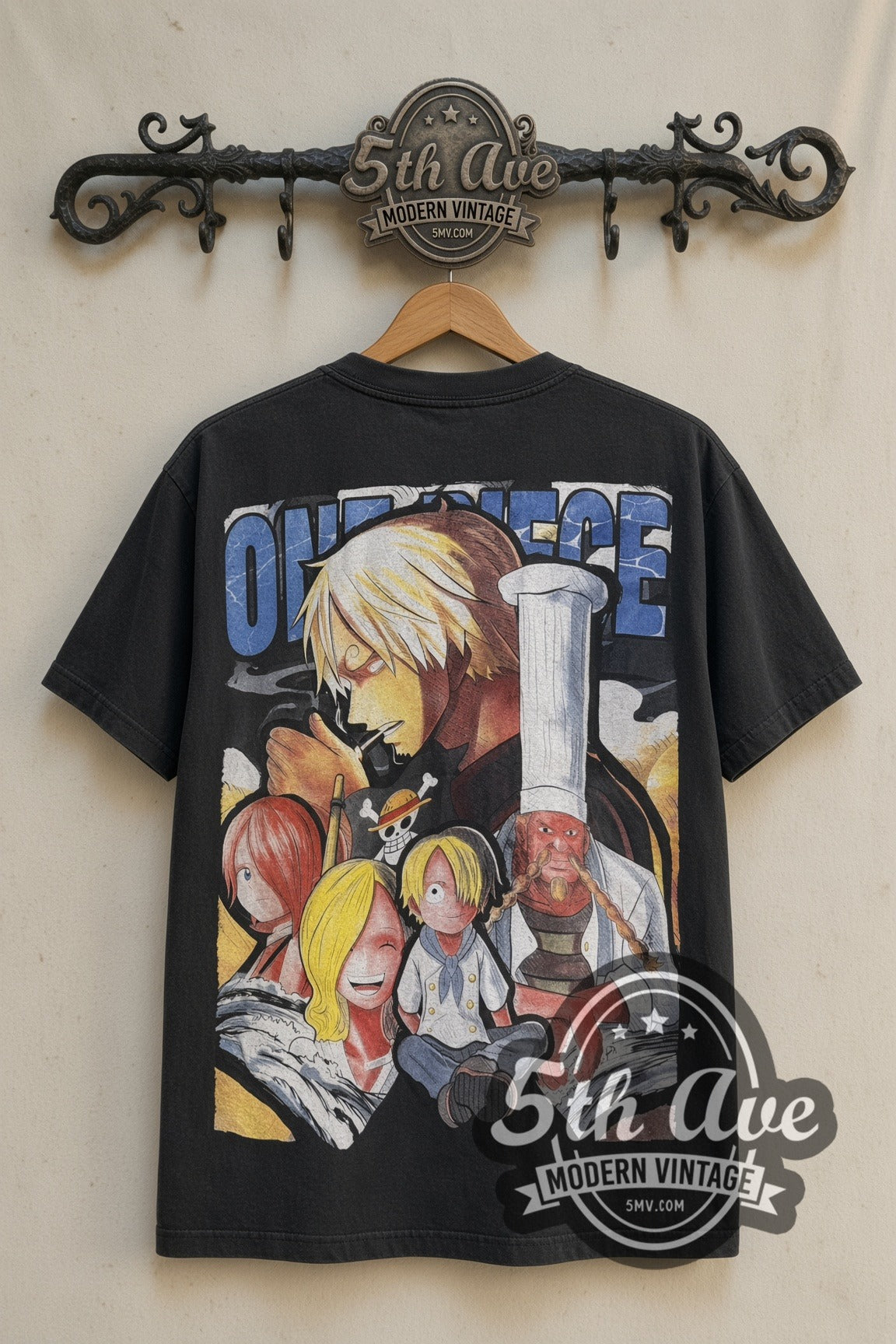 Back print of One Piece Sanji chef collage tee on the 5MV rack