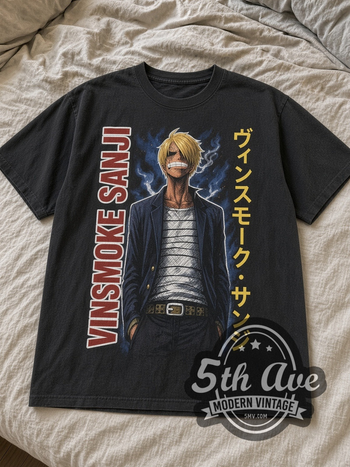 Black One Piece Sanji anime tee laid flat on linen bed