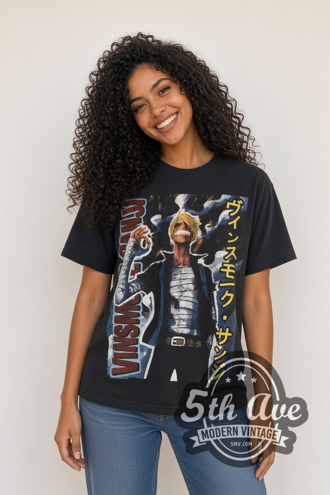 Man wearing black One Piece Sanji vintage anime t-shirt