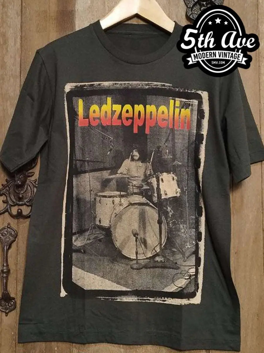 Original Drummer Tribute Led Zeppelin T-Shirt: Vibrant Yellow and Orange Text, Single Stitch, Crewneck, Super Soft Vintage Reproduction, 30-Day Satisfaction Guarantee - Vintage Band Shirts