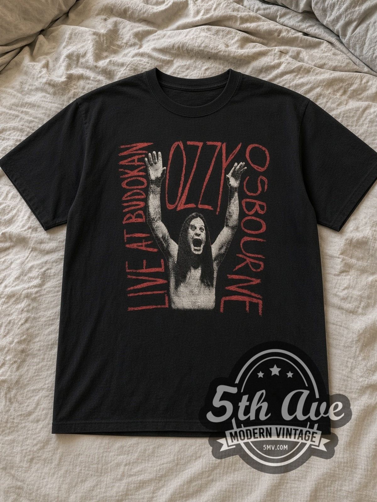 Black Ozzy Osbourne Live at Budokan Vintage Band T-Shirt laid flat on a linen bed