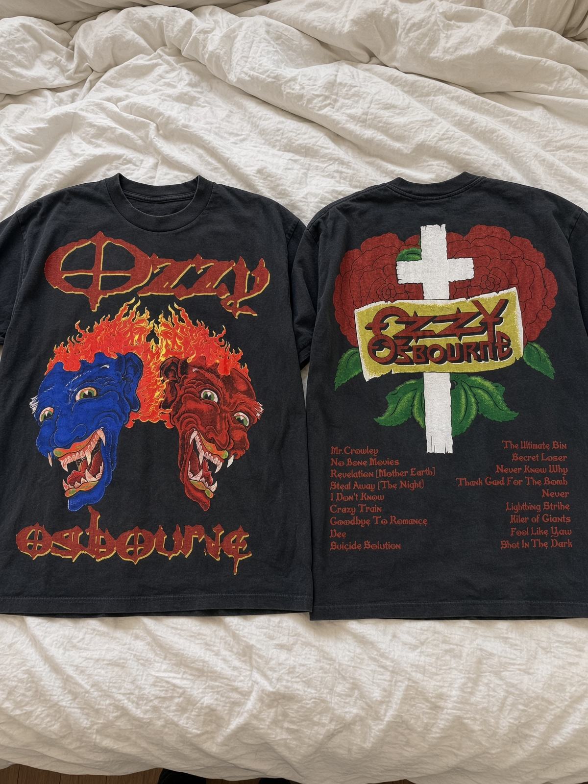 Ozzy Osbourne flaming faces vintage band t-shirt on bed