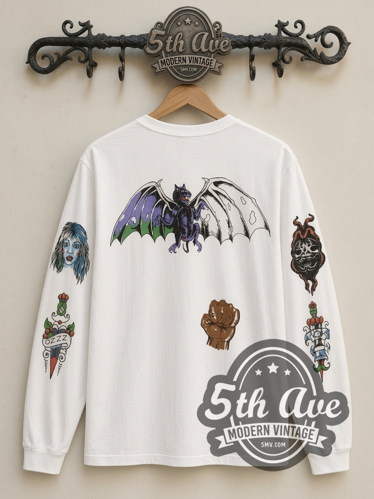Ozzy Osbourne Demon Bat Tattoo vintage band long sleeve t-shirt, back view on a display rack